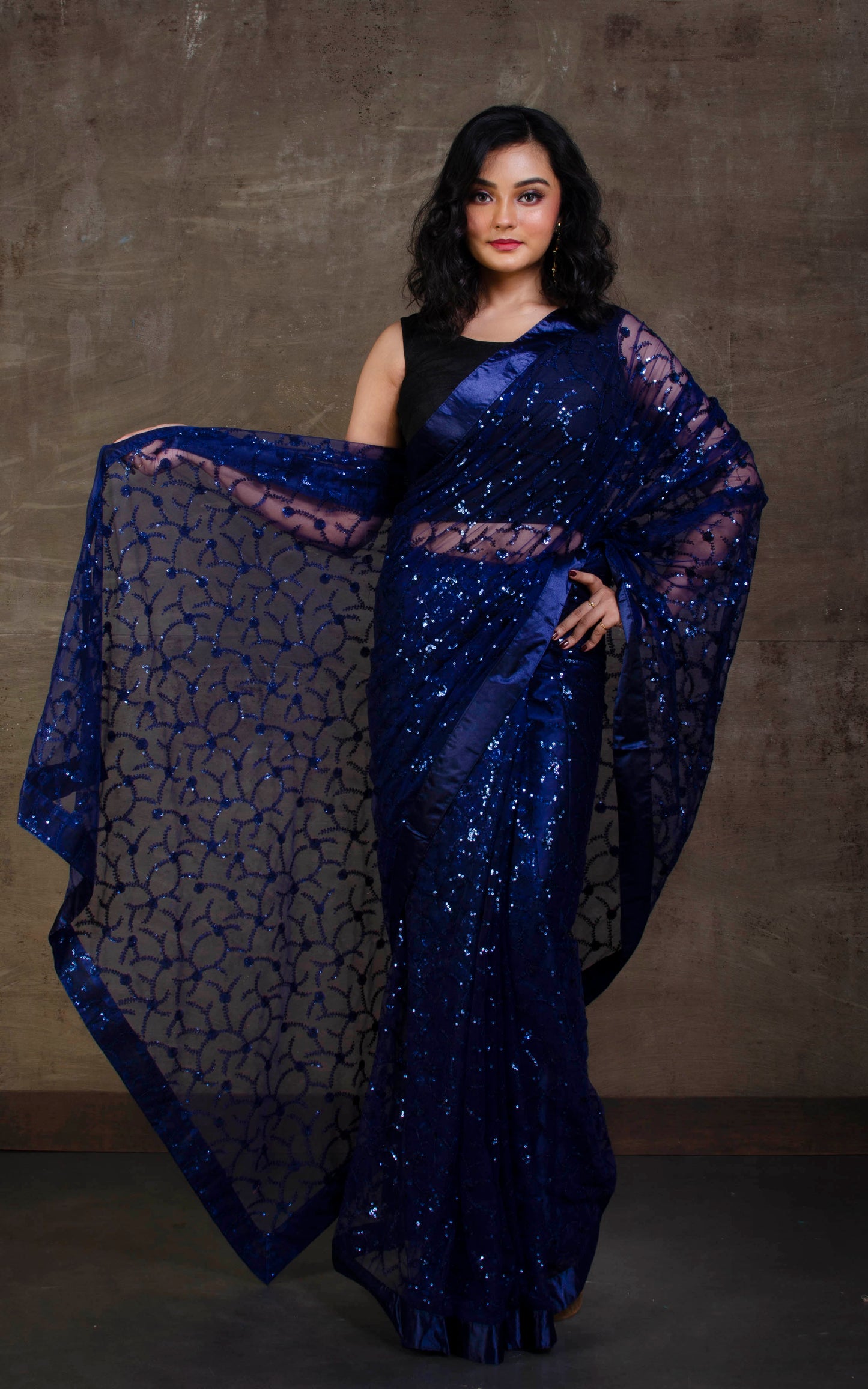 Designer Italian Net with Sequence Woven Bollywood Sarees in Navy Blue