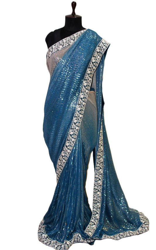 Patch Parsi Work Nakshi Border Italian Shaded Net with Sequin Woven Bollywood Sarees in Clay, Aegean Blue and Oatmeal White