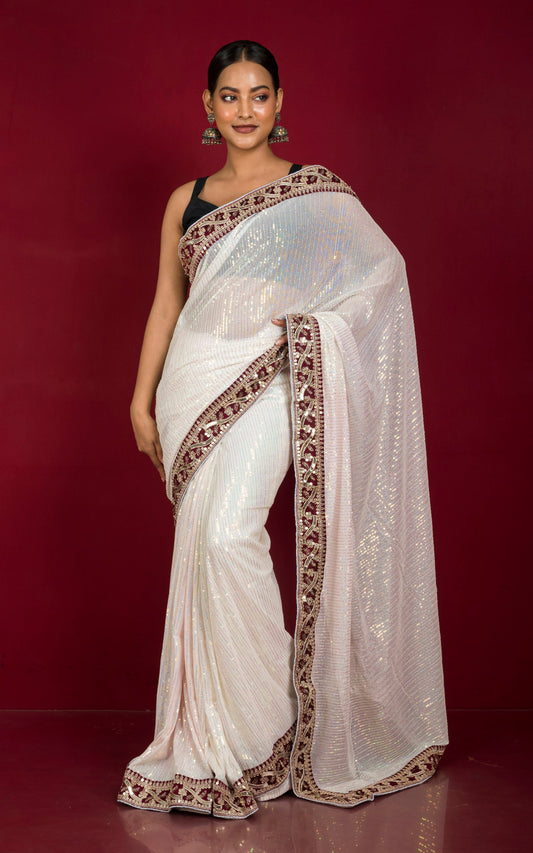 Patch Work Designer Nakshi Border Italian Net with Sequin Woven Bollywood Sarees in Off White and Maroon