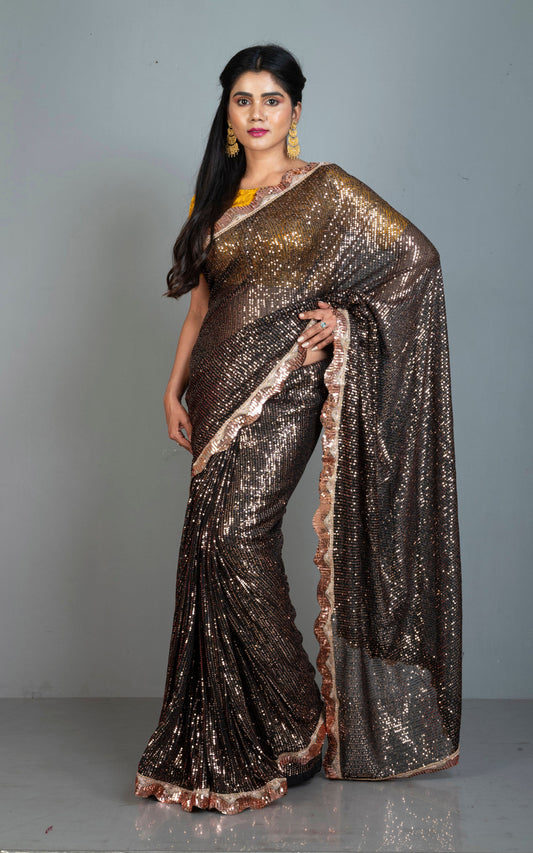 Contrast Sequin Nakshi Border Italian Net with Sequin Woven Bollywood Sarees in Black and Copper