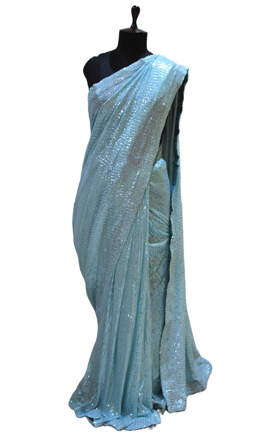 Designer Italian Net with Sequin Woven Bollywood Sarees in Baby Blue