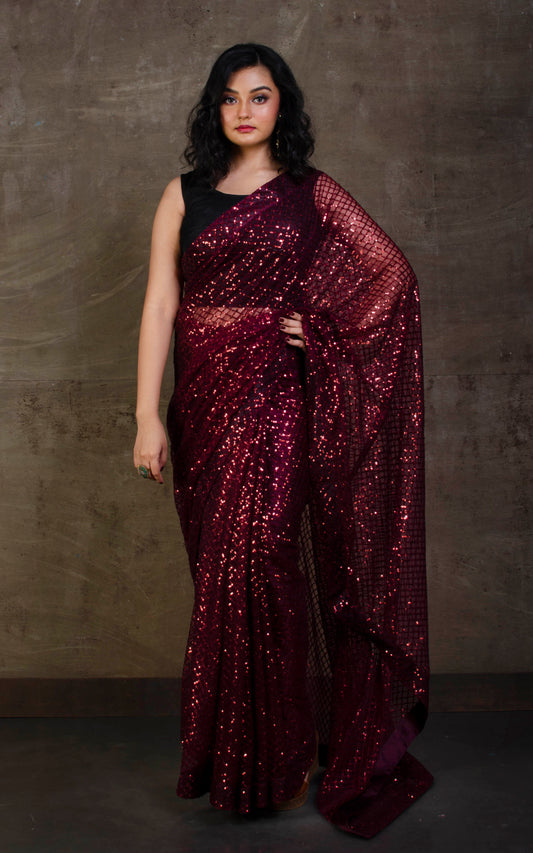 Designer Italian Net with Sequin Woven Bollywood Sarees in Dark Maroon