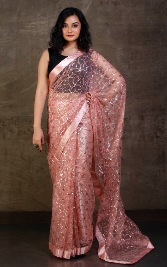 Designer Italian Net with Sequin Woven Bollywood Sarees in Blush Pink