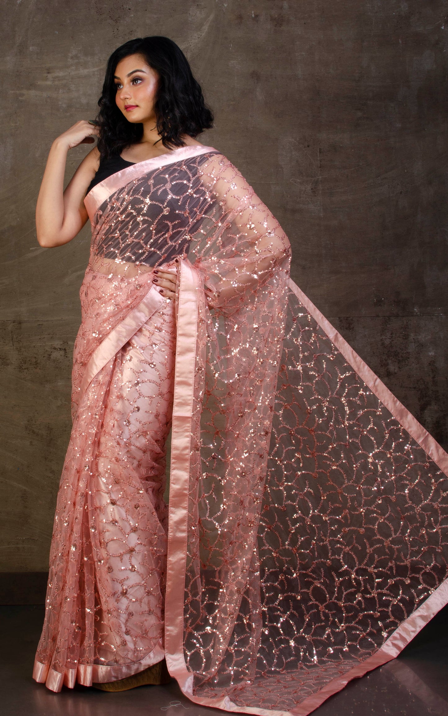 Designer Italian Net with Sequin Woven Bollywood Sarees in Blush Pink