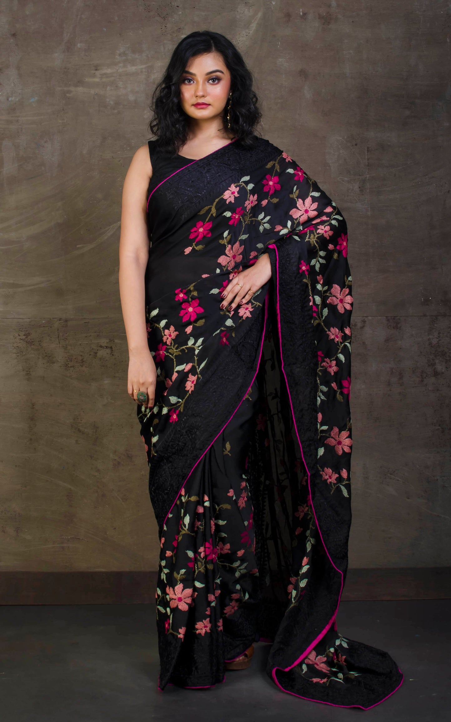 Parsi Cross Stitch Work Designer Italian Crepe Silk Saree in Black, Hot Pink and Multicolored Thread Work