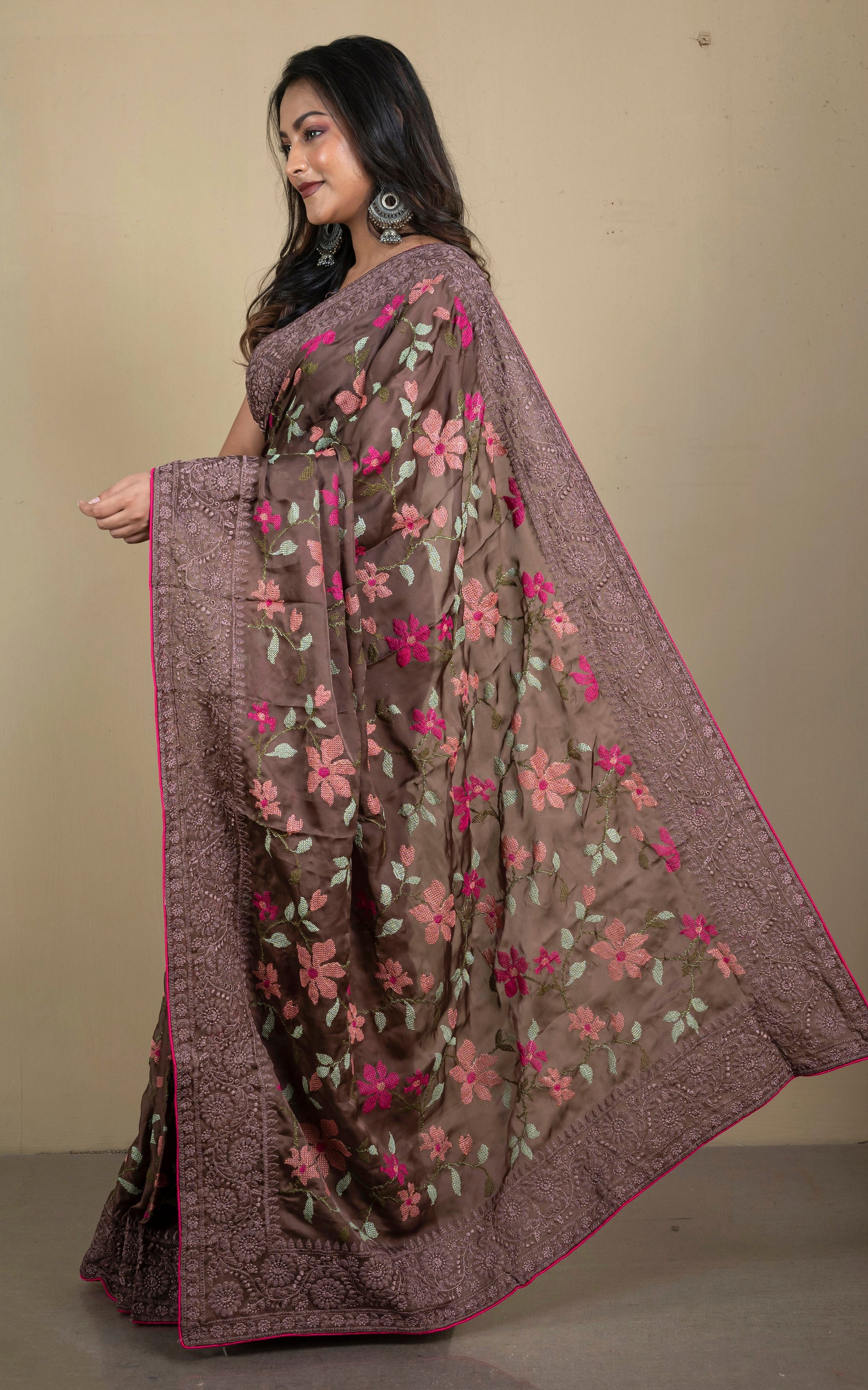 Parsi Cross Stitch Work Designer Italian Crepe Silk Saree in Dark Brown, Magenta and Multicolored Thread Work