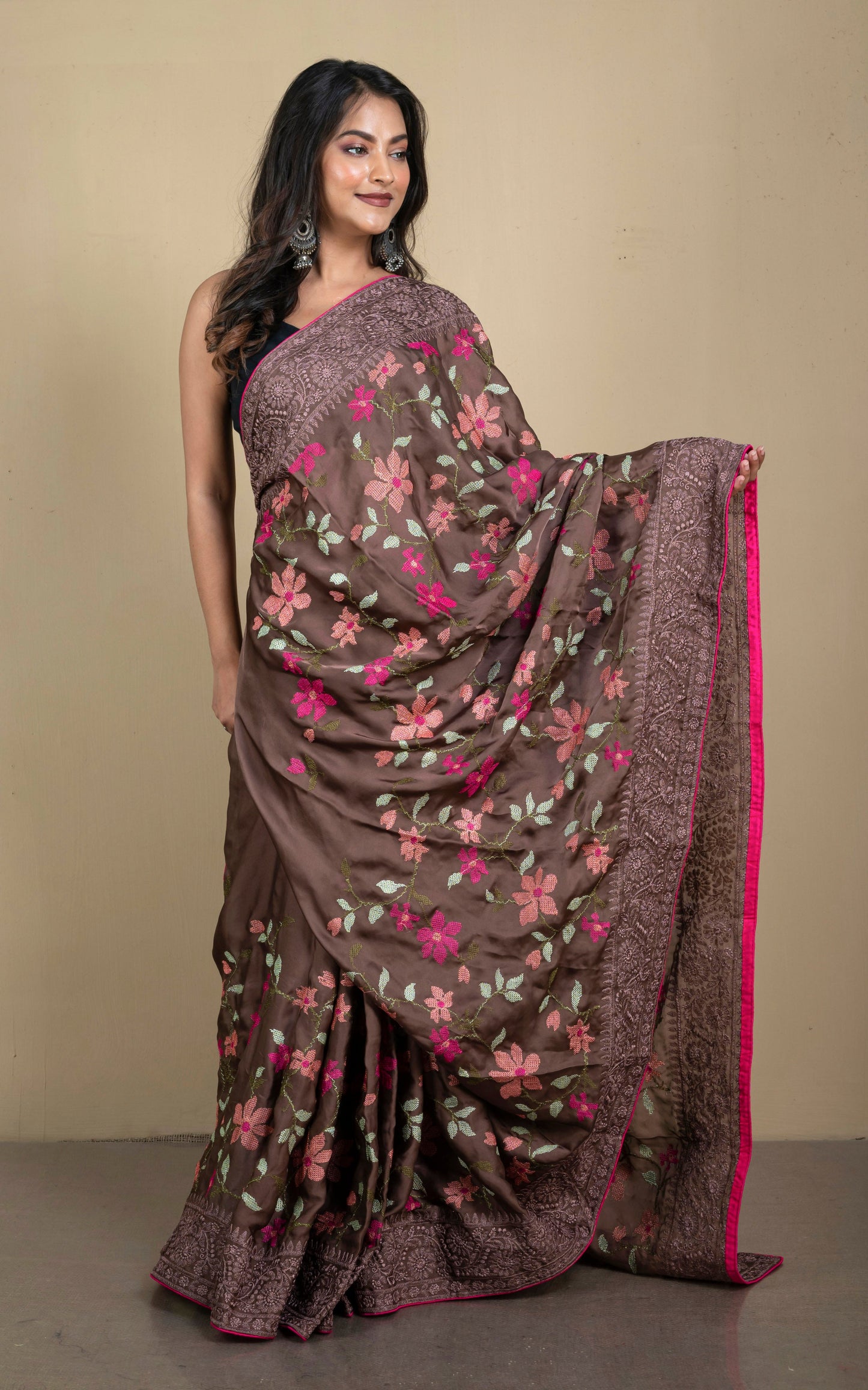 Parsi Cross Stitch Work Designer Italian Crepe Silk Saree in Dark Brown, Magenta and Multicolored Thread Work