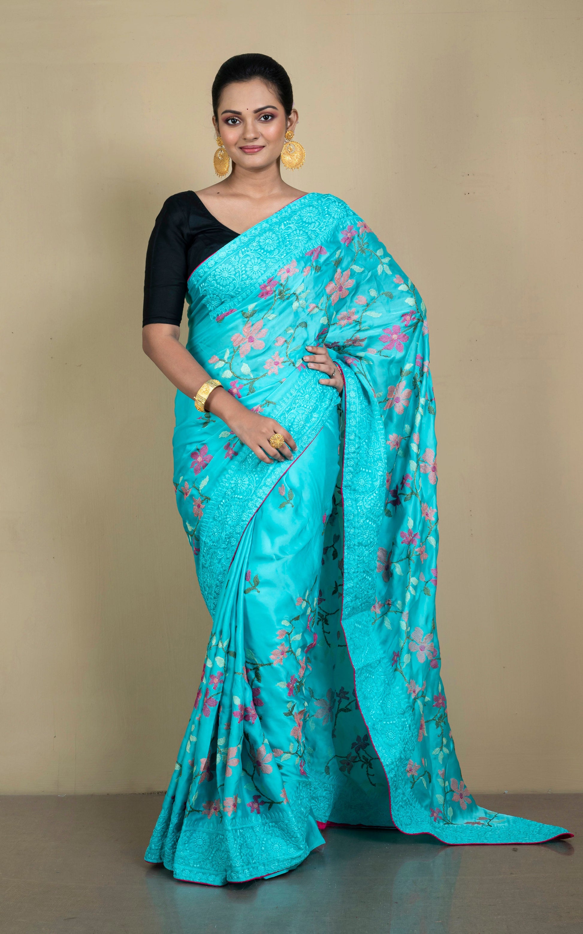 Parsi Cross Stitch Work Designer Italian Crepe Silk Saree in Aqua Blue, Magenta and Multicolored Thread Work