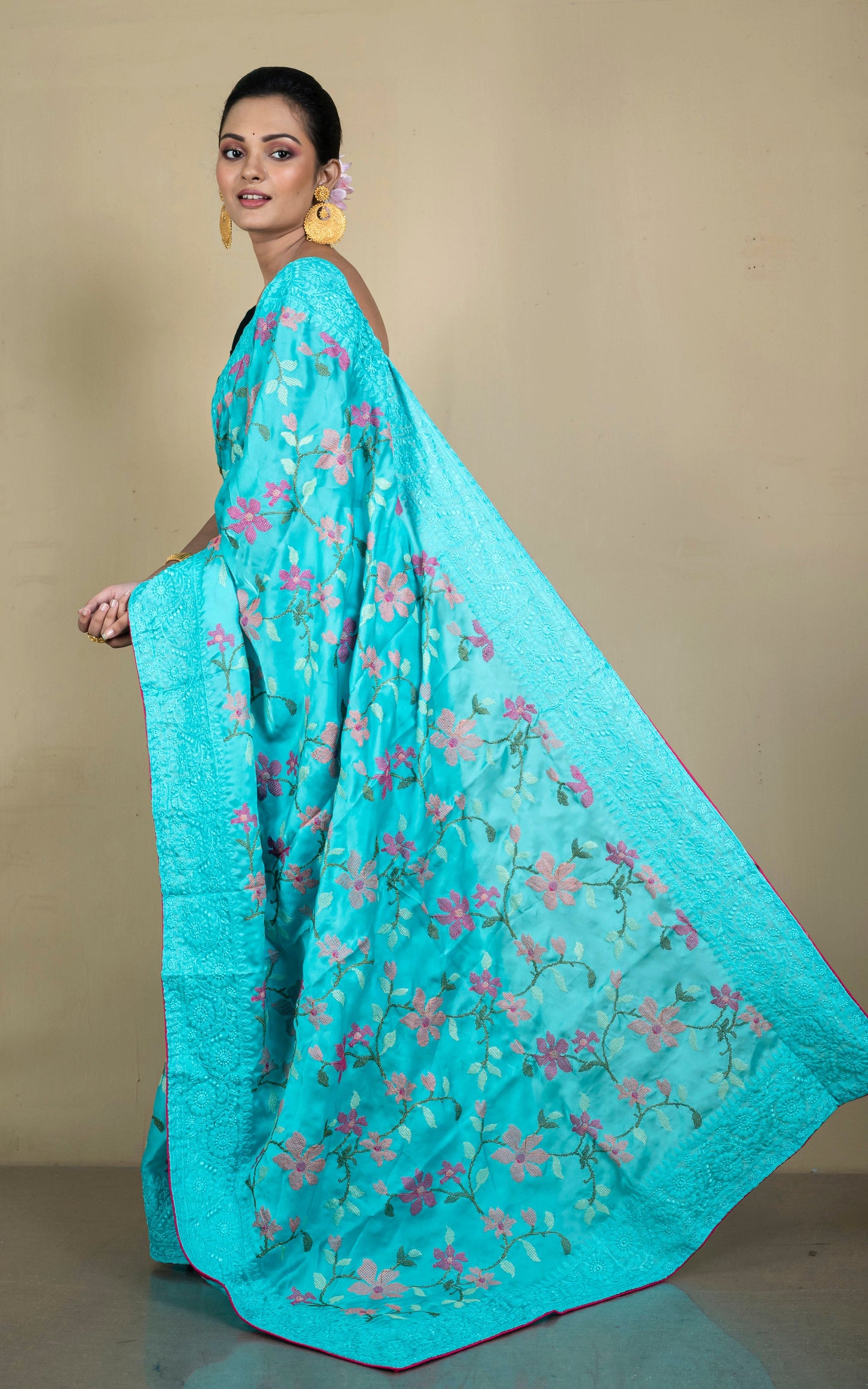 Parsi Cross Stitch Work Designer Italian Crepe Silk Saree in Aqua Blue, Magenta and Multicolored Thread Work