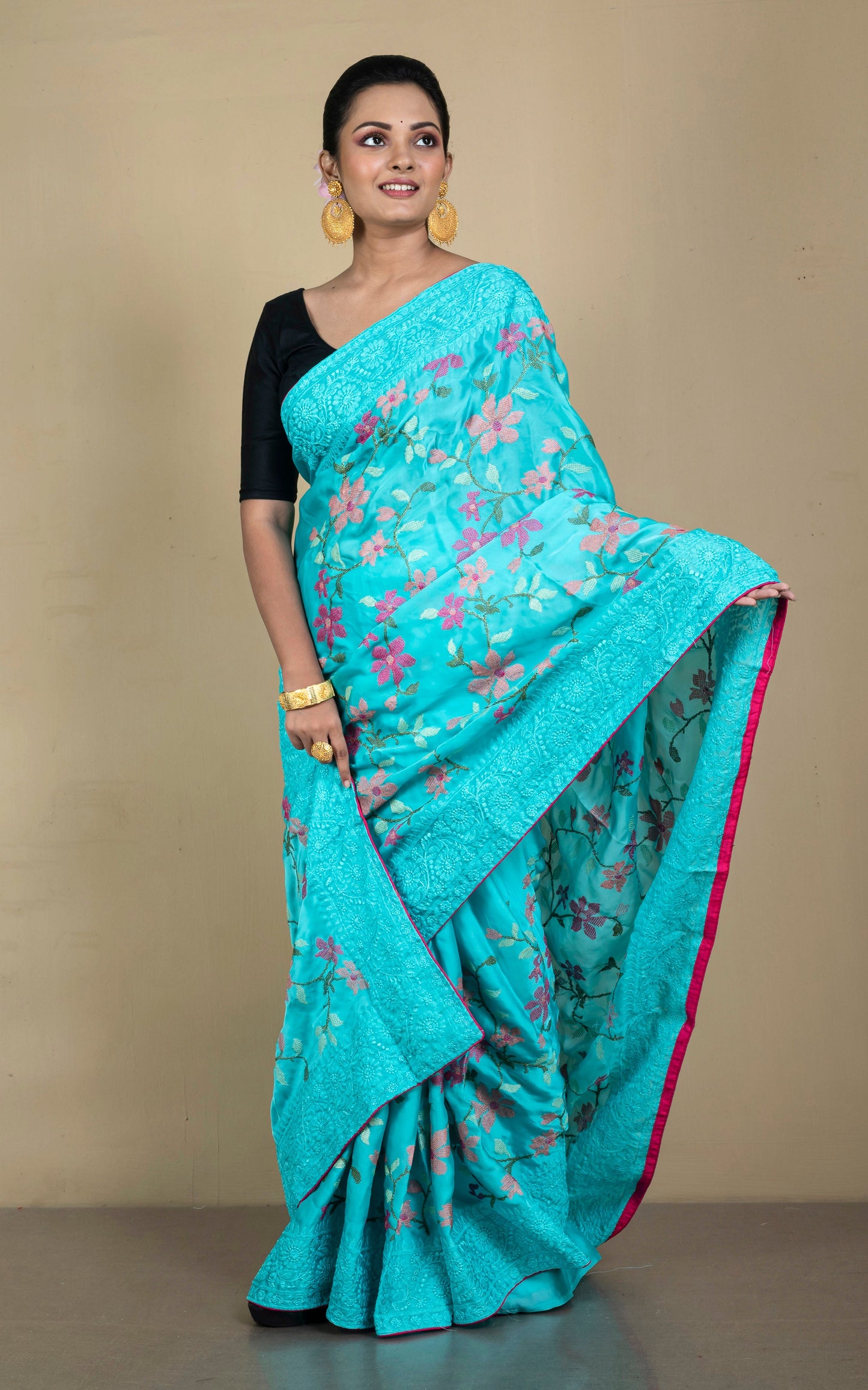 Parsi Cross Stitch Work Designer Italian Crepe Silk Saree in Aqua Blue, Magenta and Multicolored Thread Work