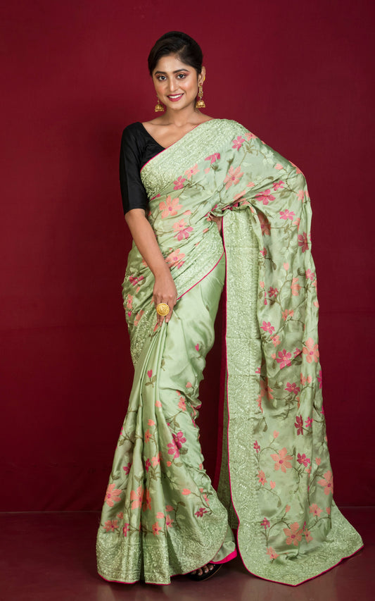 Parsi Cross Stitch Work Designer Italian Crepe Silk Saree in Tea Green, Magenta and Multicolored Thread Work