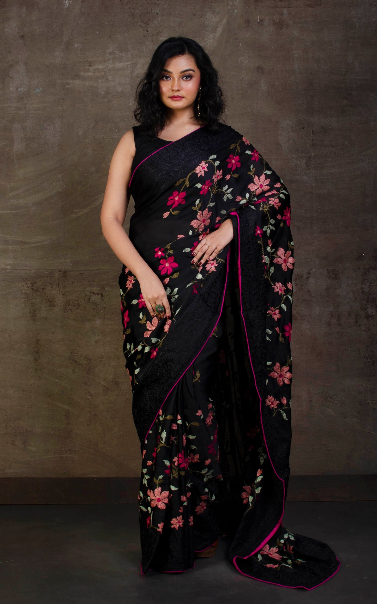 Parsi Cross Stitch Work Designer Italian Crepe Silk Saree in Black, Hot Pink and Multicolored Thread Work