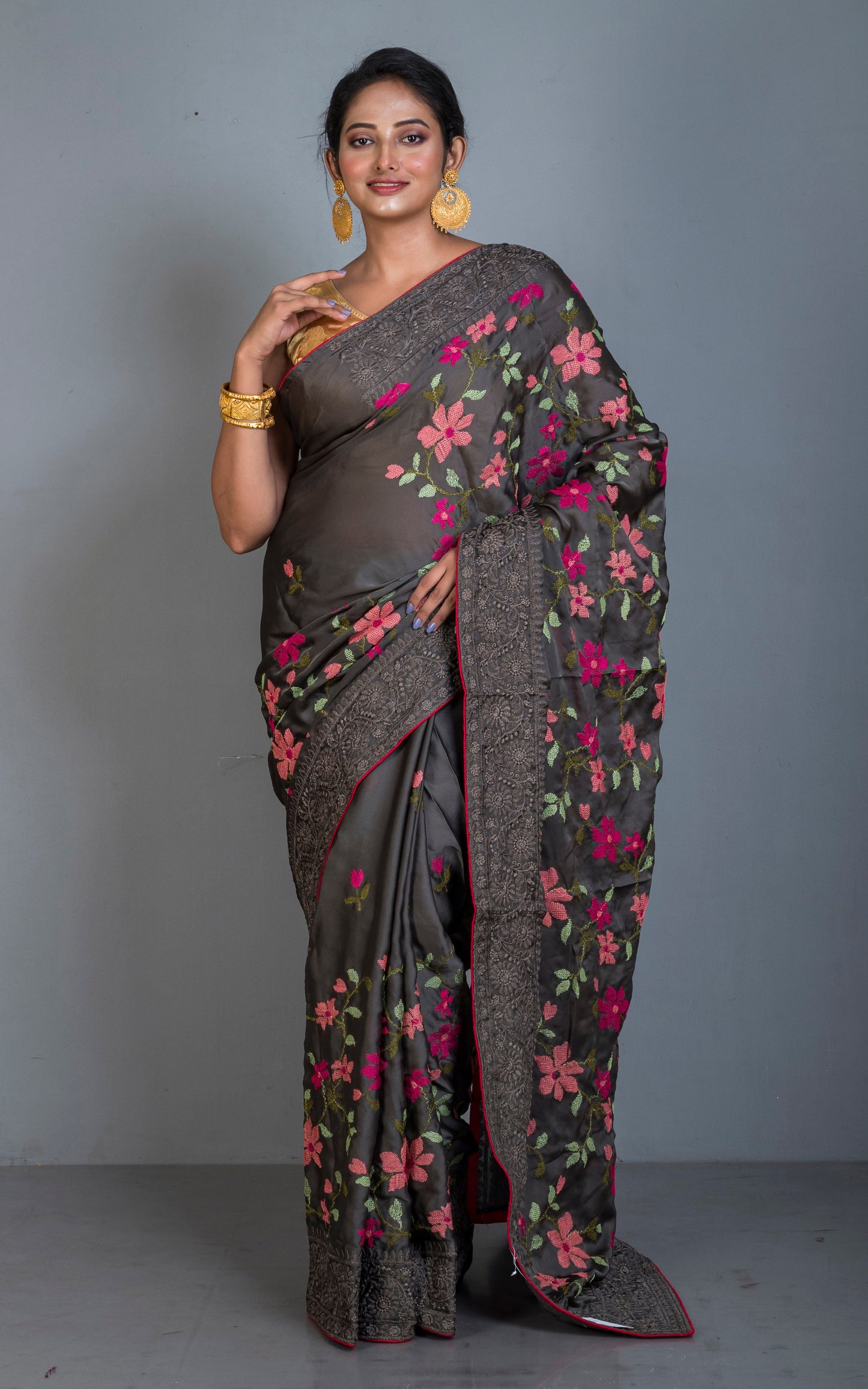 Parsi Cross Stitch Work Designer Italian Crepe Silk Saree in Taupe Brown, Hot Pink and Multicolored Thread Work 