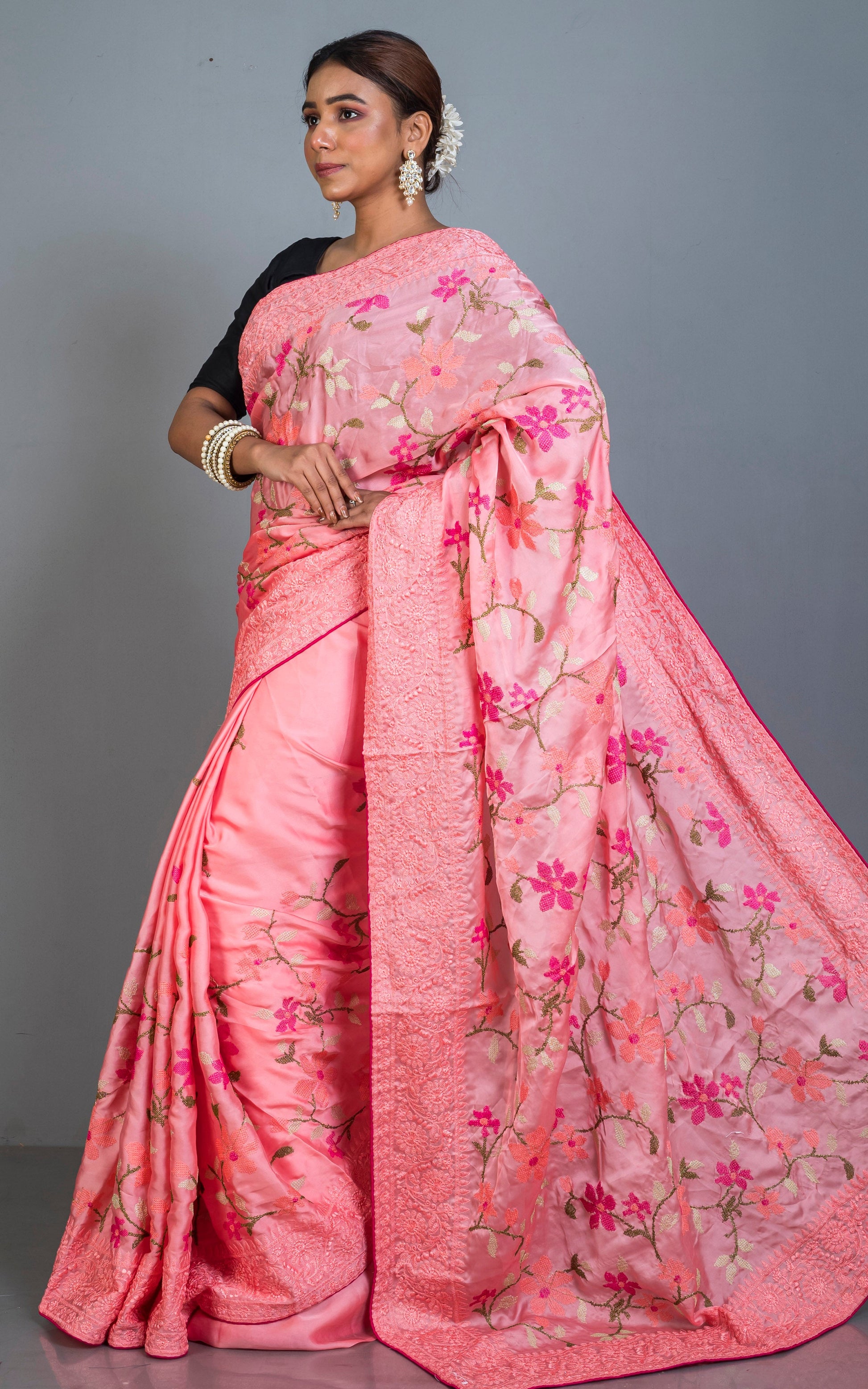 Parsi Cross Stitch Work Designer Italian Crepe Silk Saree in Salmon Pink, Hot Pink and Multicolored Thread Work