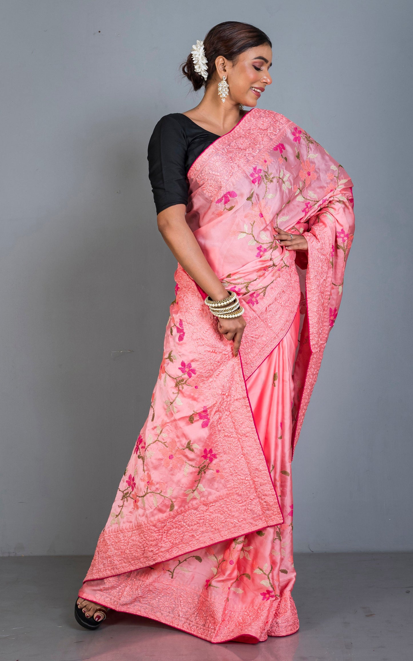 Parsi Cross Stitch Work Designer Italian Crepe Silk Saree in Salmon Pink, Hot Pink and Multicolored Thread Work