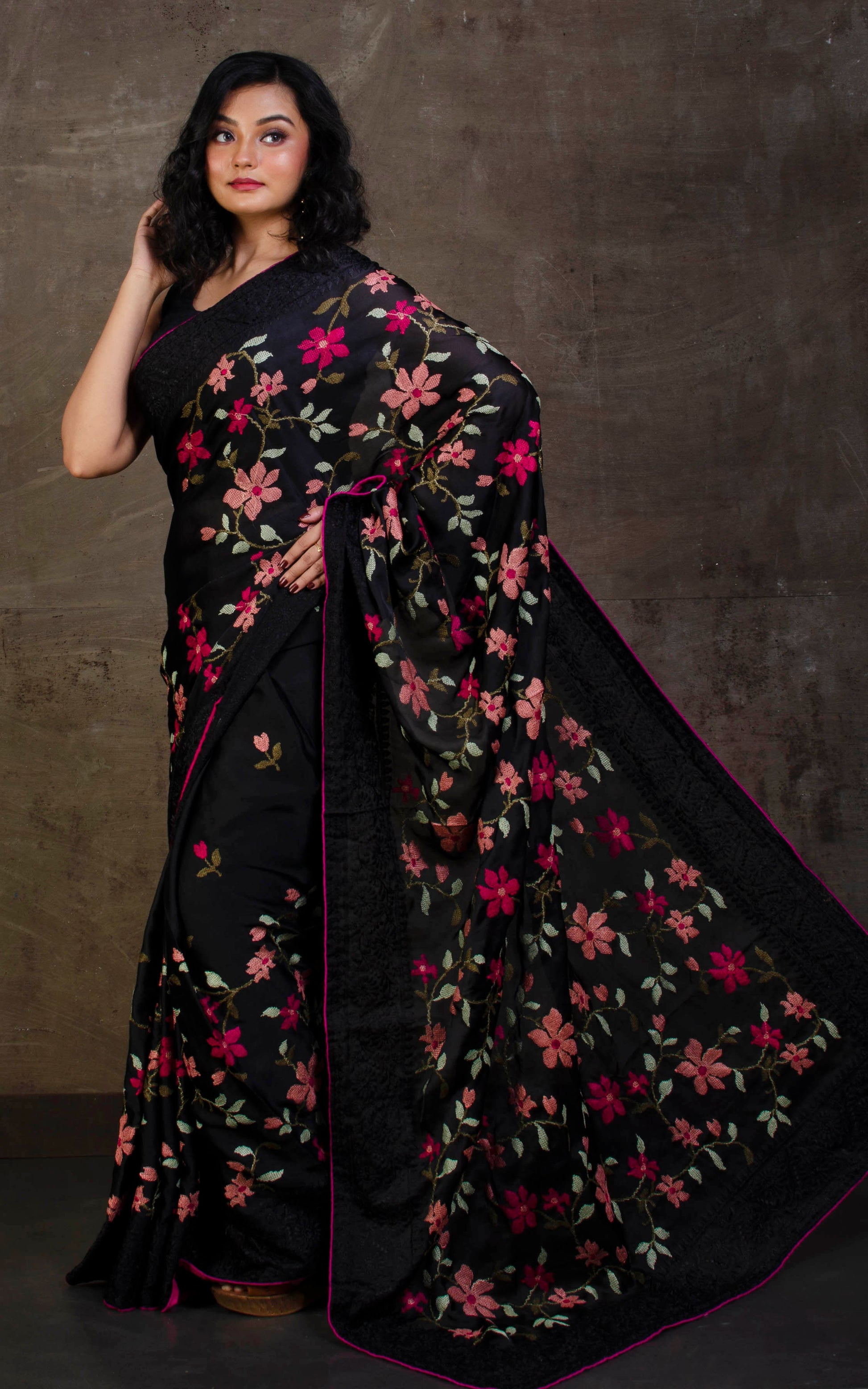 Parsi Cross Stitch Work Designer Italian Crepe Silk Saree in Black, Hot Pink and Multicolored Thread Work