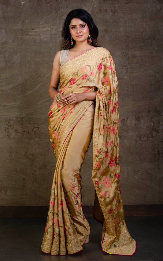 Parsi Cross Stitch Work Designer Italian Crepe Silk Saree in Beige, Magenta and Multicolored Thread Work