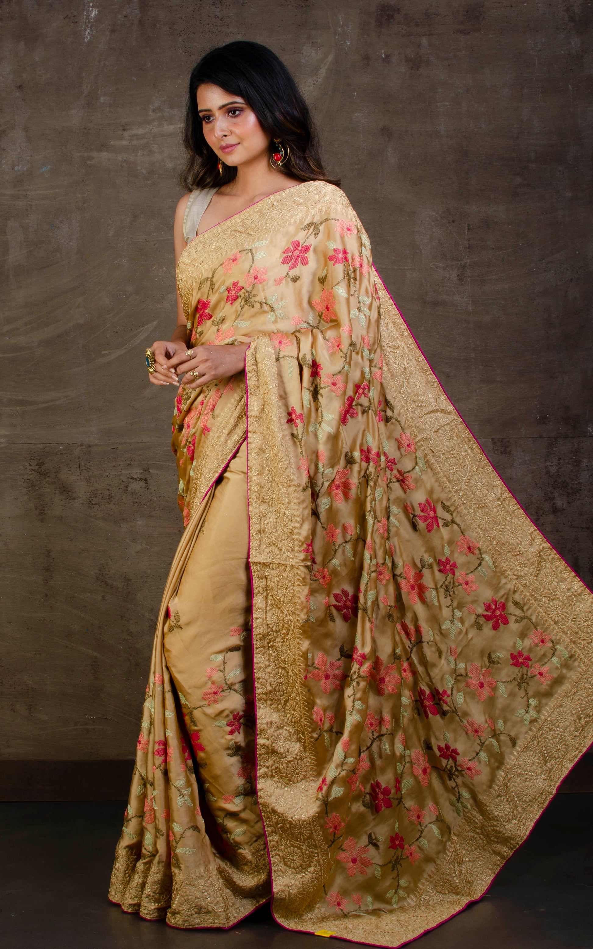 Parsi Cross Stitch Work Designer Italian Crepe Silk Saree in Beige, Magenta and Multicolored Thread Work