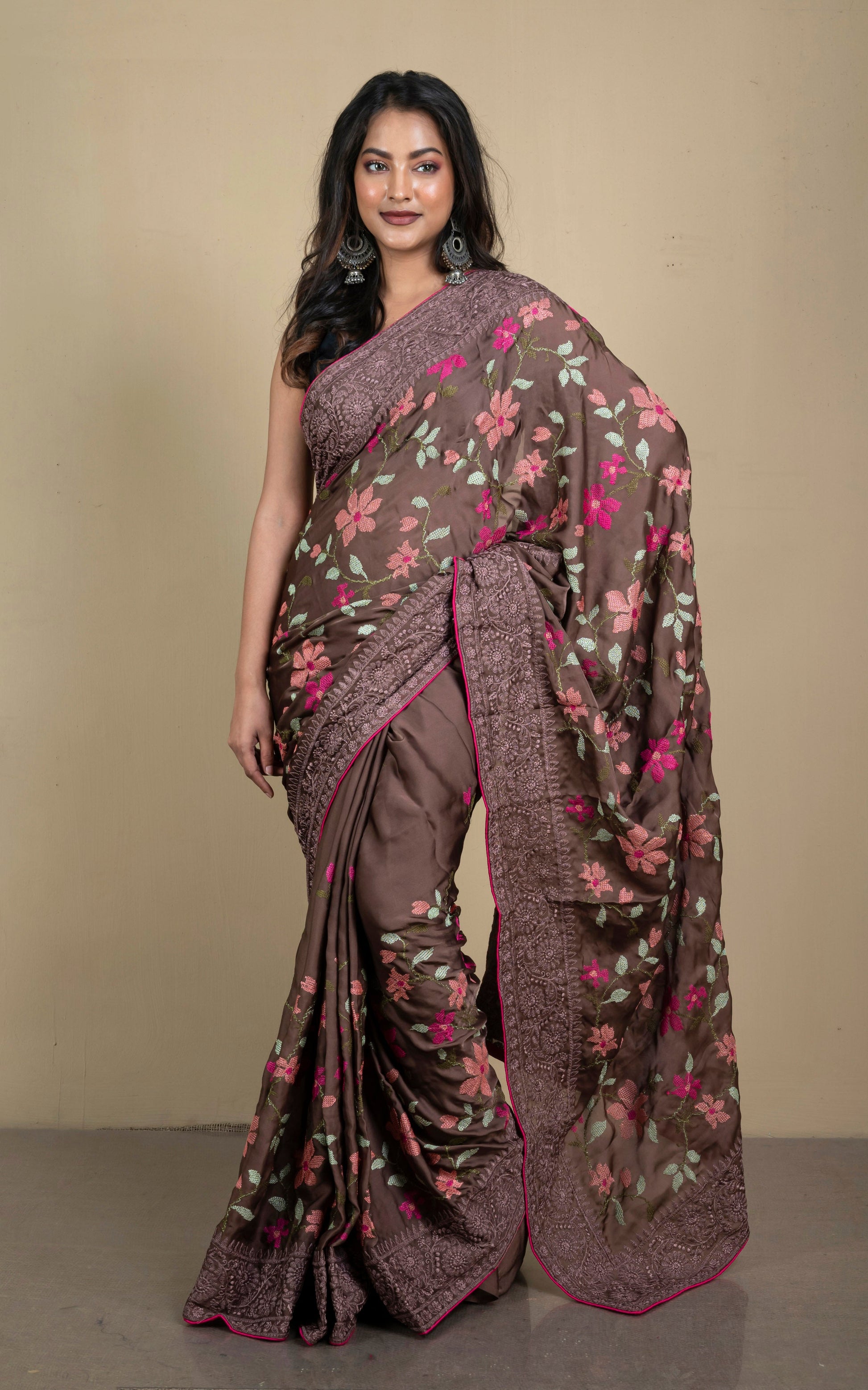 Parsi Cross Stitch Work Designer Italian Crepe Silk Saree in Dark Brown, Magenta and Multicolored Thread Work