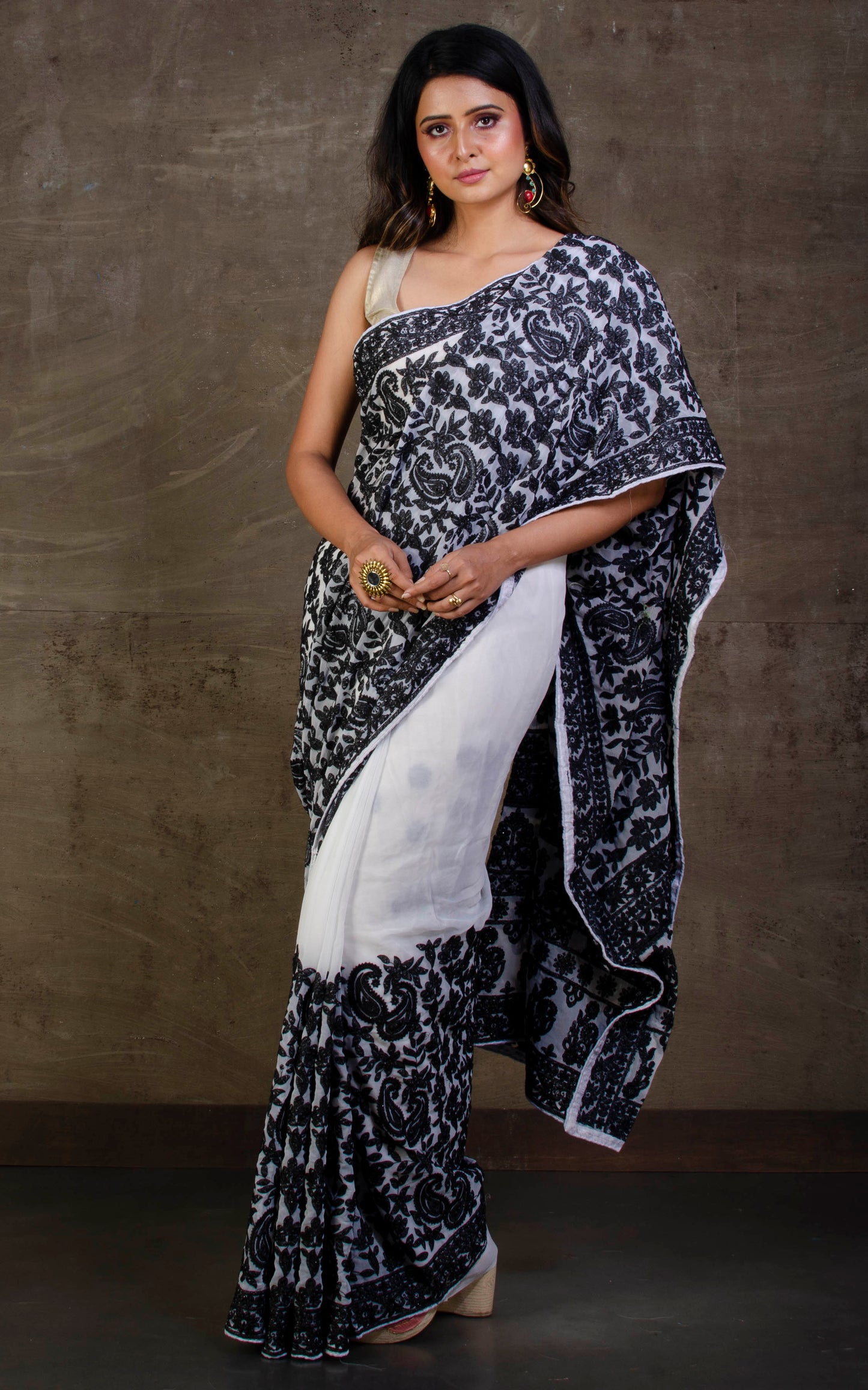 Kashmiri Embroidery Work Designer Saree in White and Black Thread Work