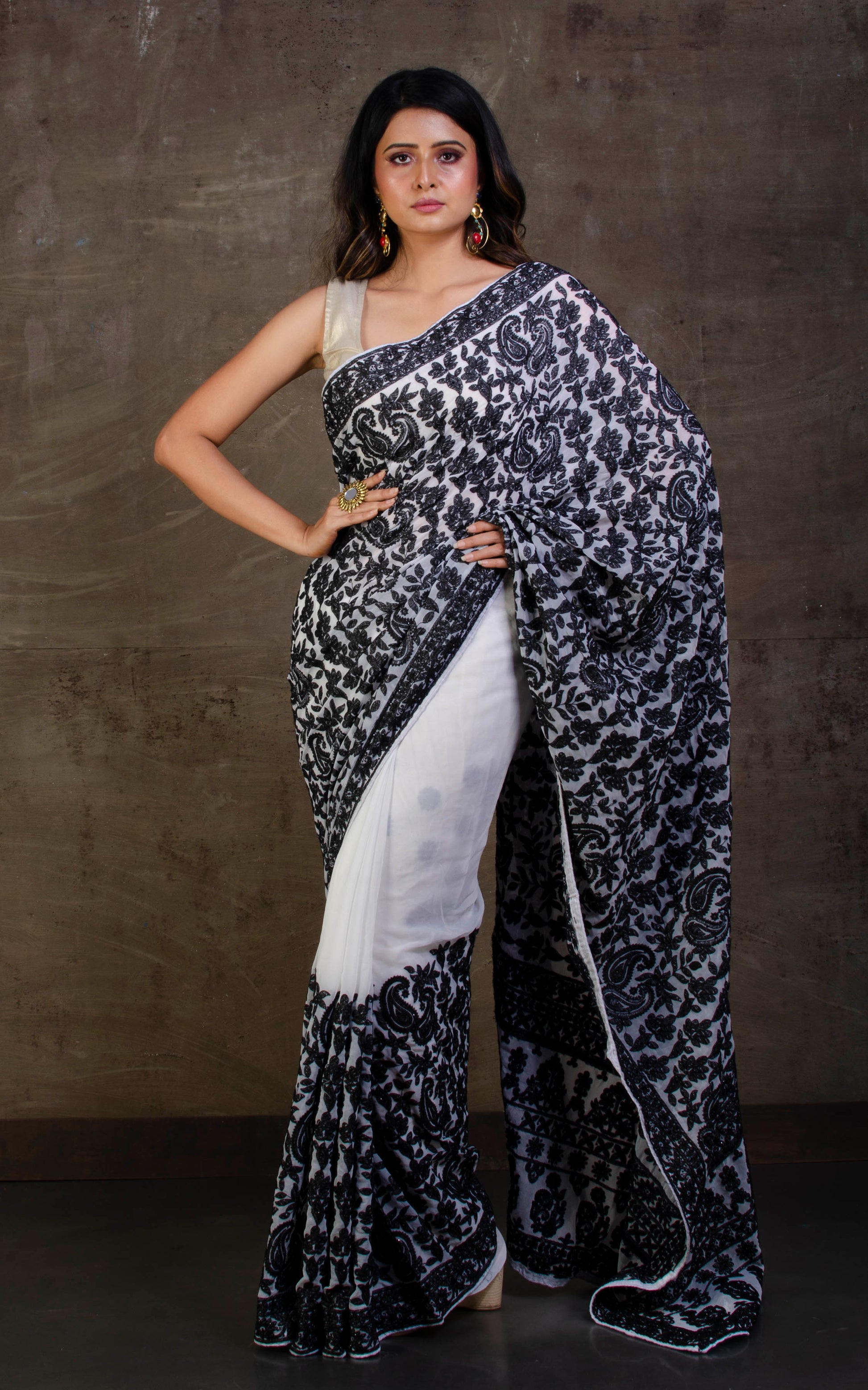 Kashmiri Embroidery Work Designer Saree in White and Black Thread Work