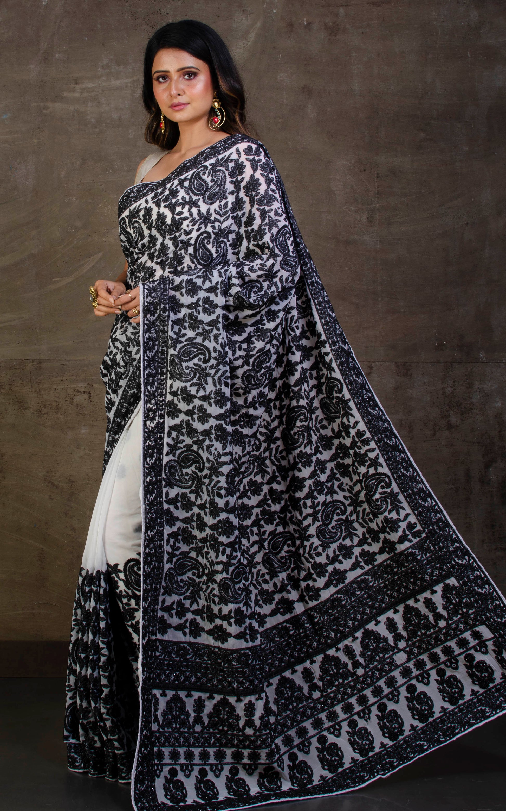 Kashmiri Embroidery Work Designer Saree in White and Black Thread Work