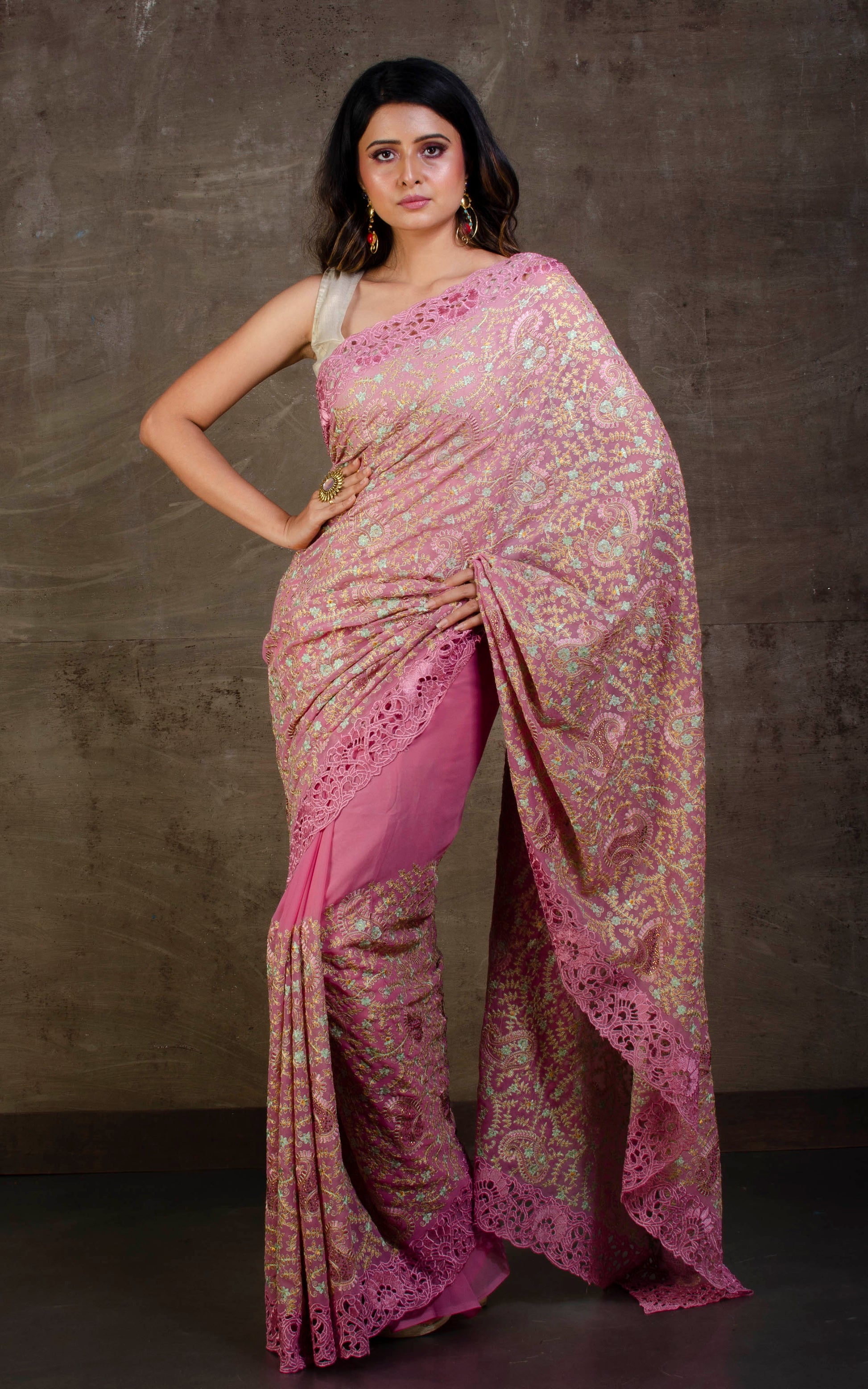 Kashmiri Embroidery Work Designer Saree in Orchid Smoke and Multicolored Thread Work