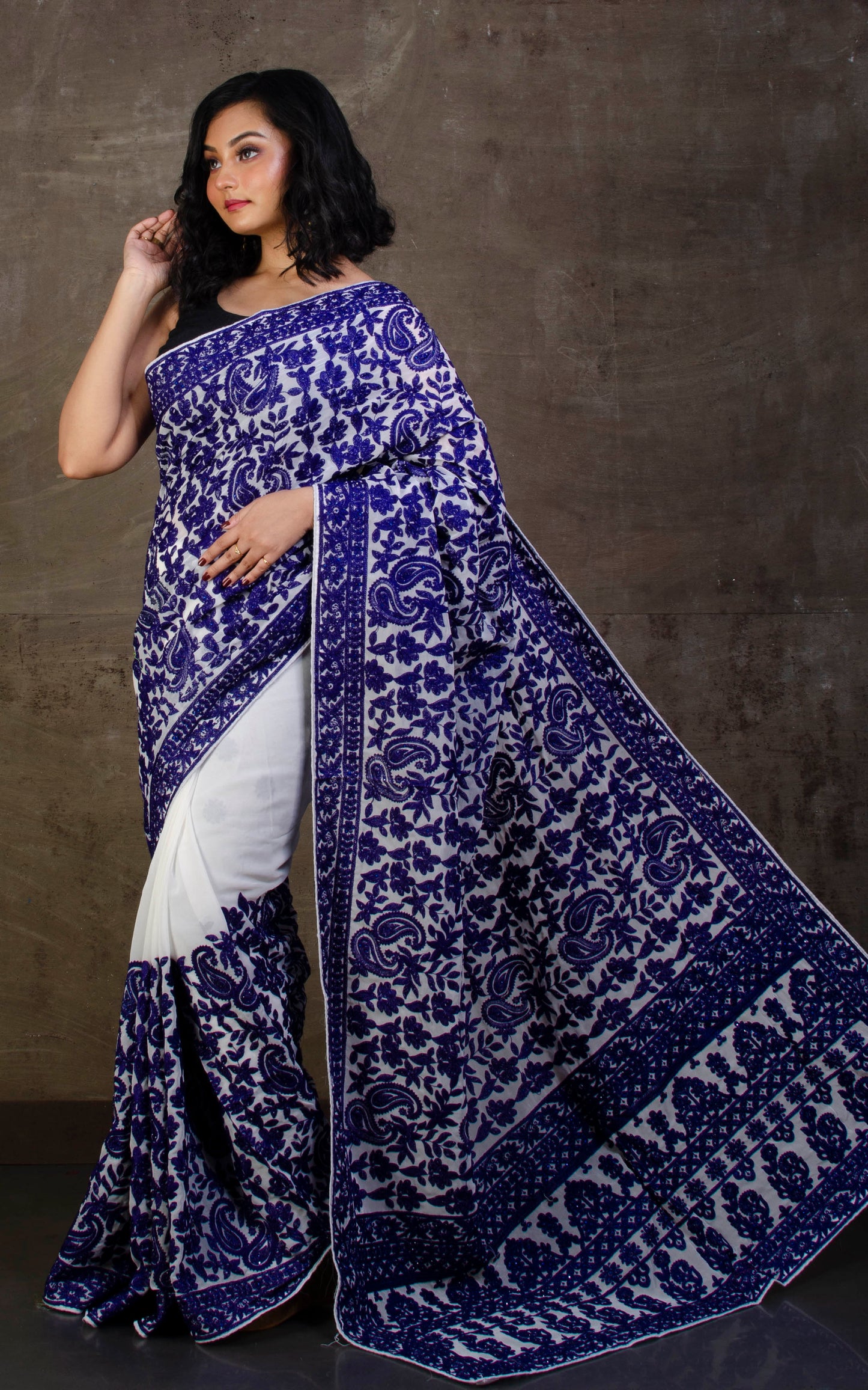 Kashmiri Embroidery Work Designer Saree in White and Navy Blue Thread Work