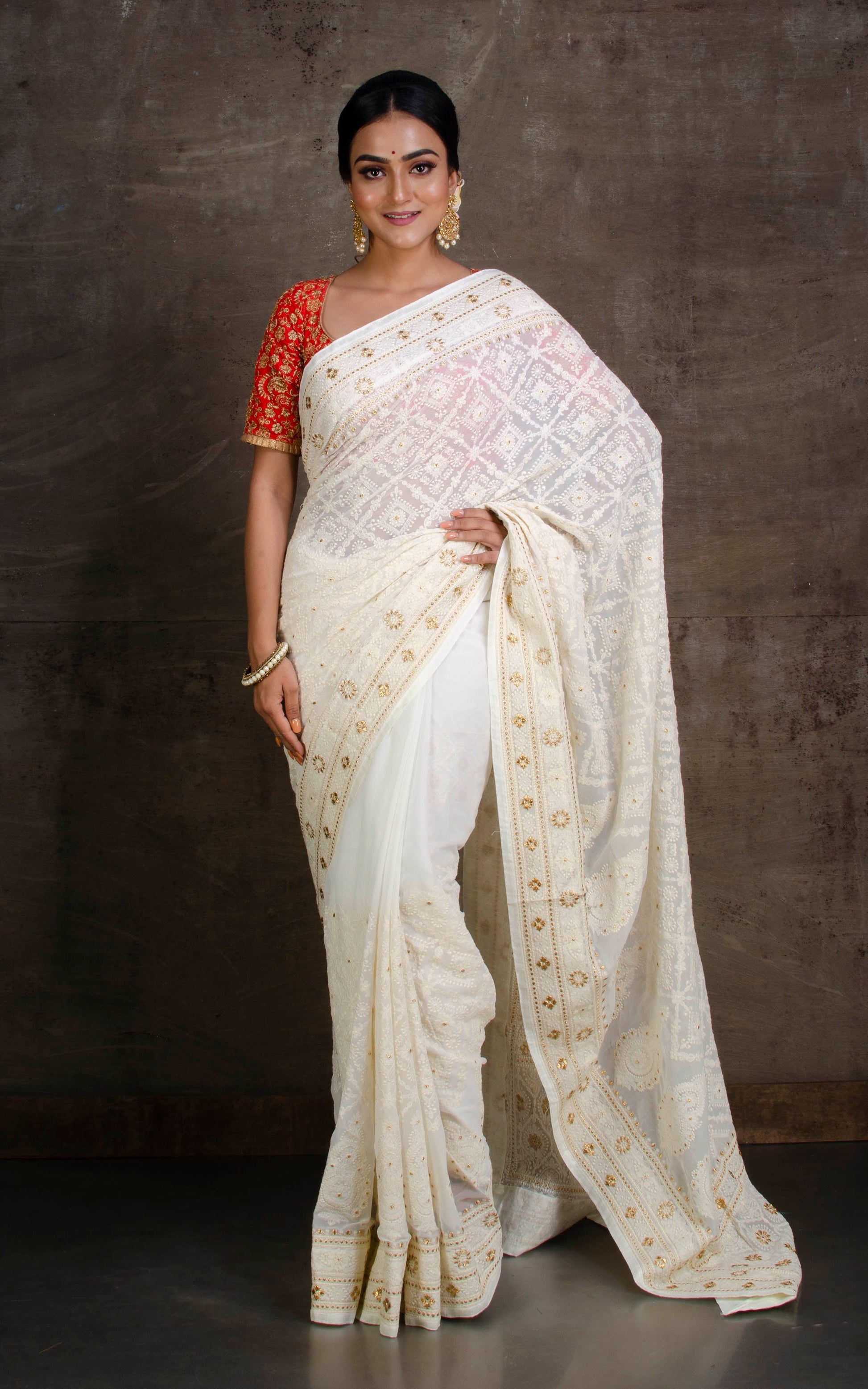 Lucknow Chikankari Work Designer Zardosi Saree in Off White and Golden