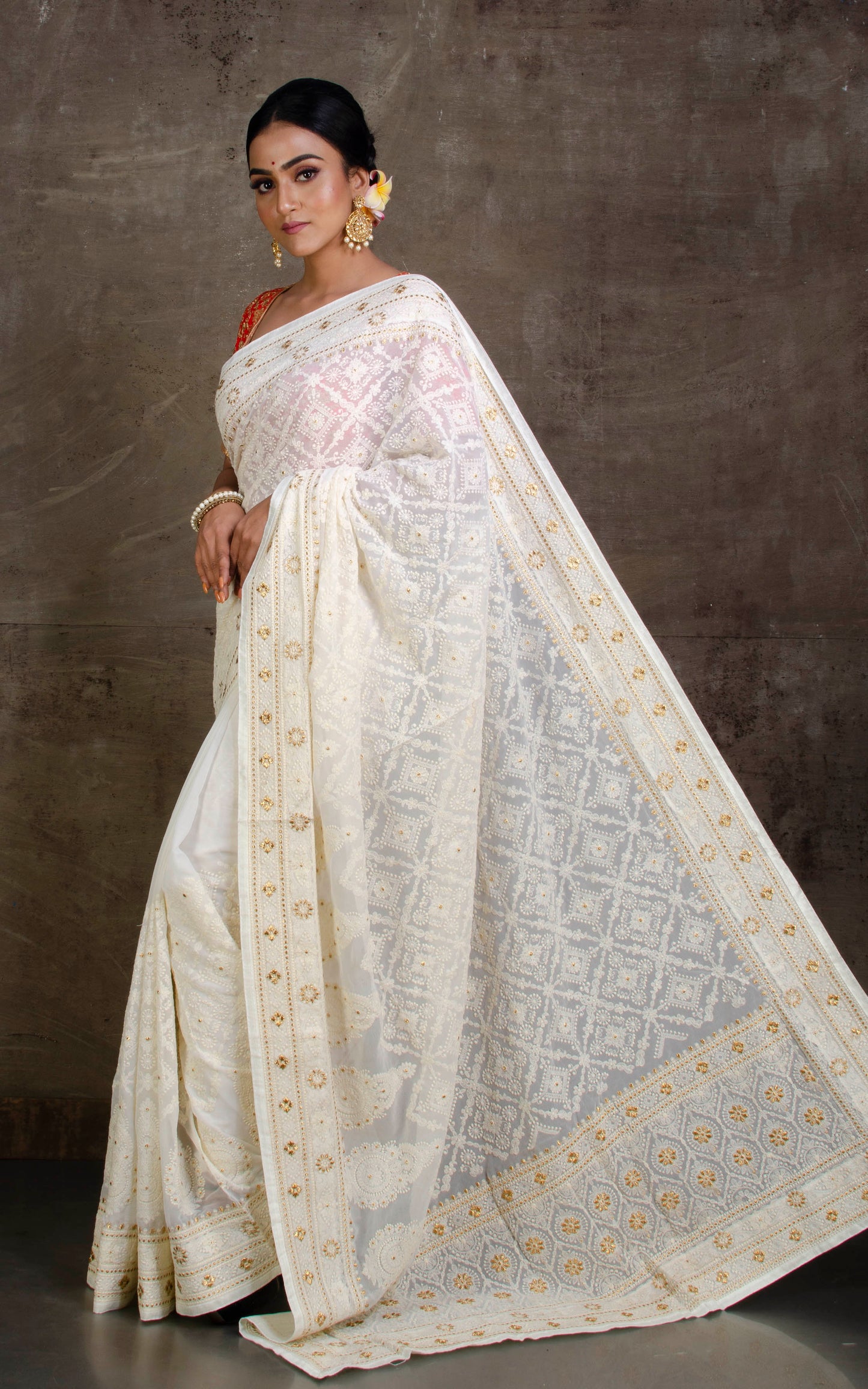 Lucknow Chikankari Work Designer Zardosi Saree in Off White and Golden