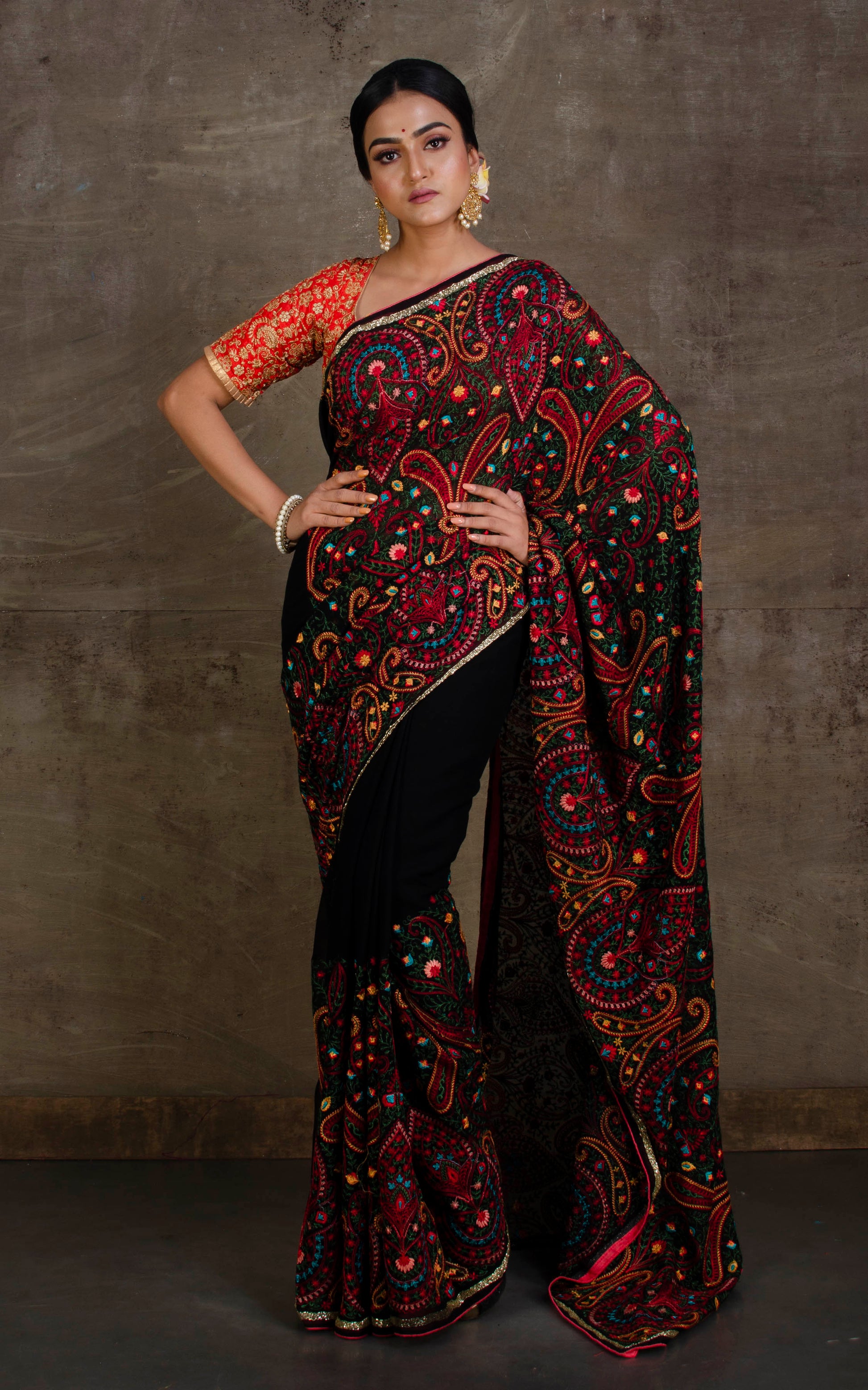 Fine Kashmiri Embroidery Work Designer Saree in Black and Multicolored Thread Work