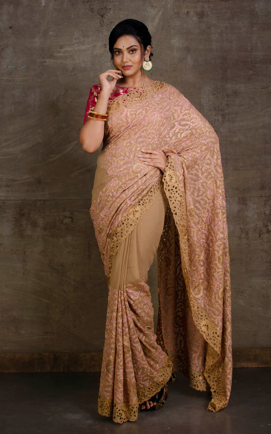 Kashmiri Embroidery Work Designer Saree in Tortilla Brown, Lilac and Golden Thread Work