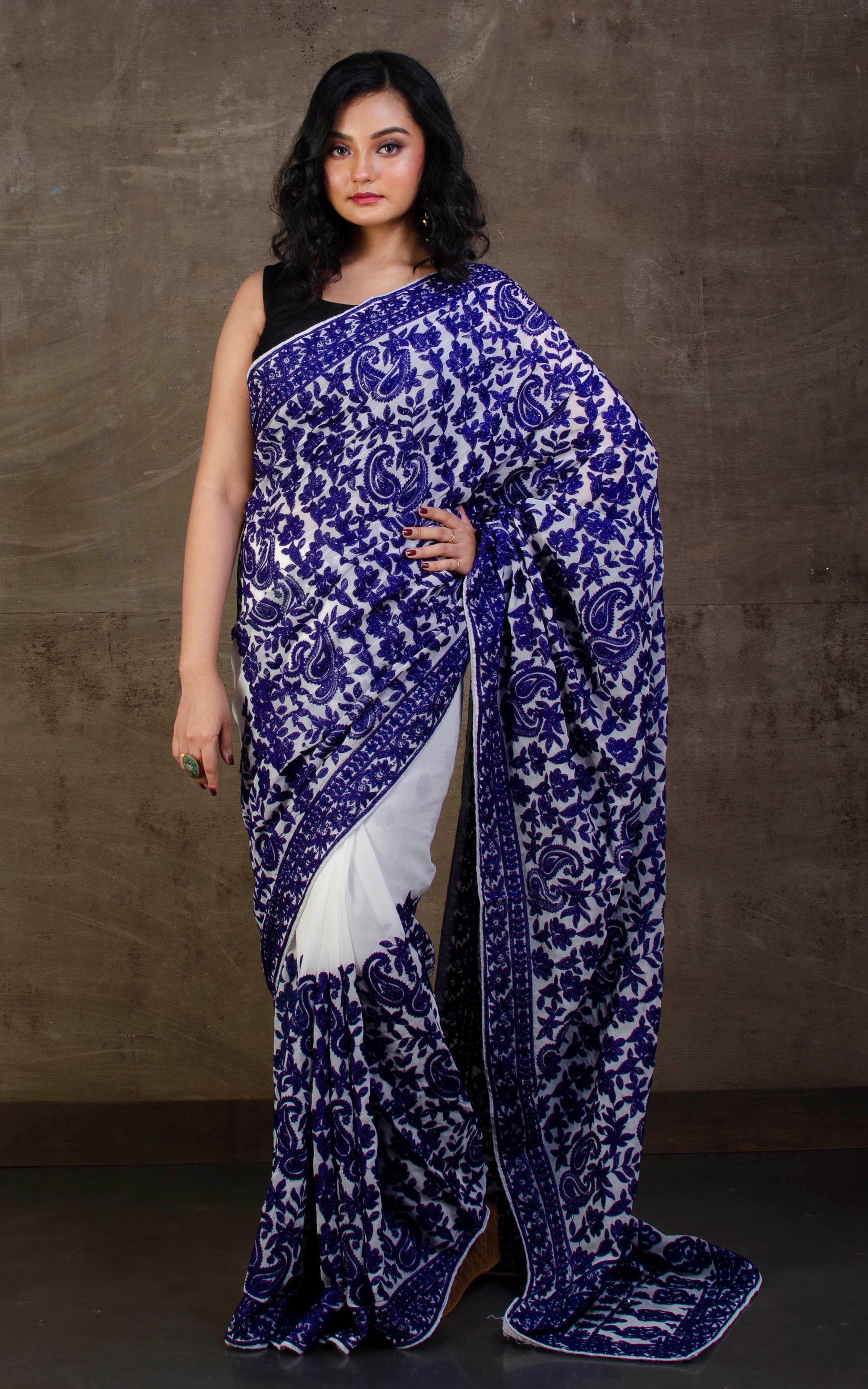 Kashmiri Embroidery Work Designer Saree in White and Navy Blue Thread Work