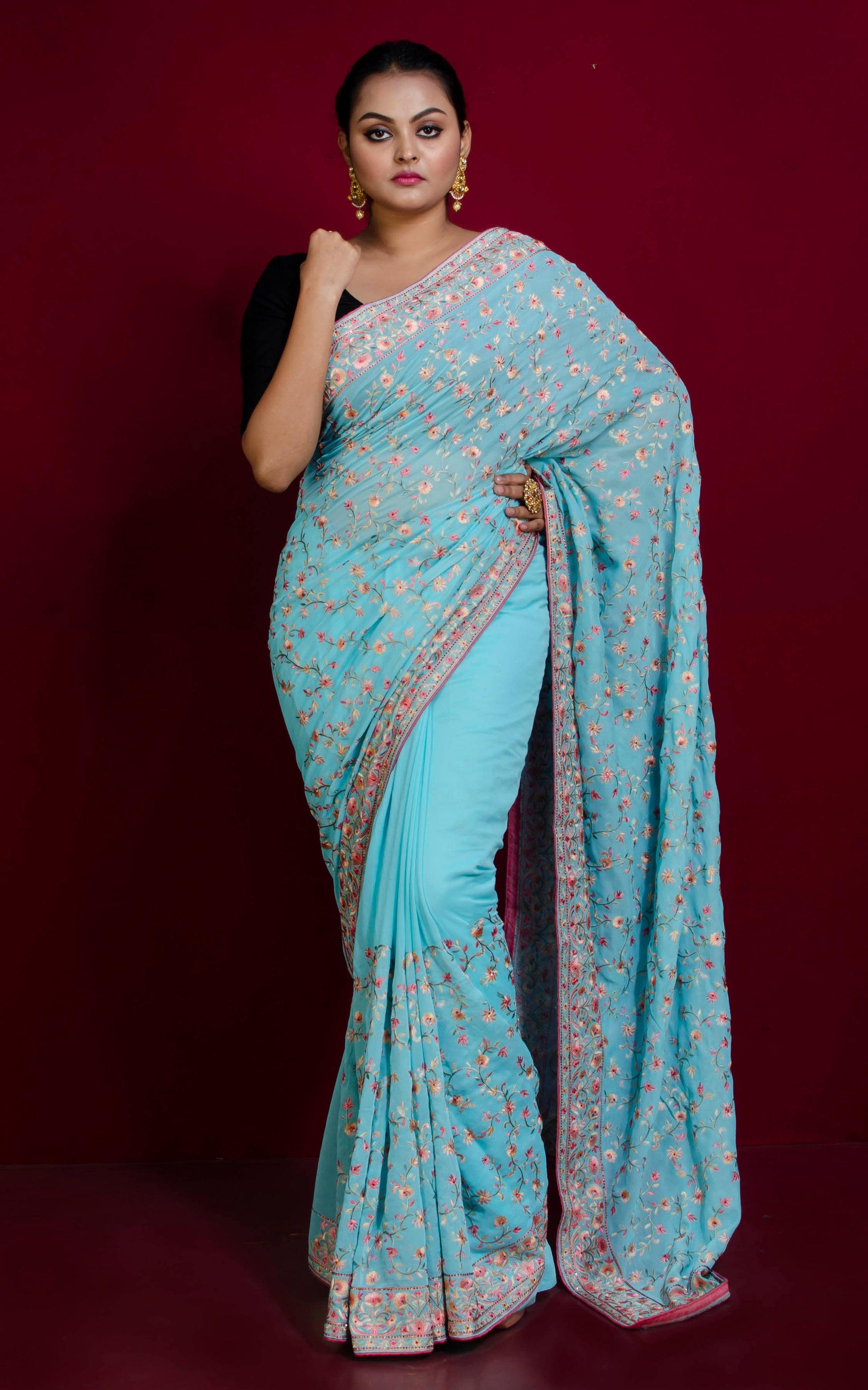 Fine Tilfi Needle Kashmiri Embroidery Work Designer Saree in Baby Blue and Multicolored Thread Work