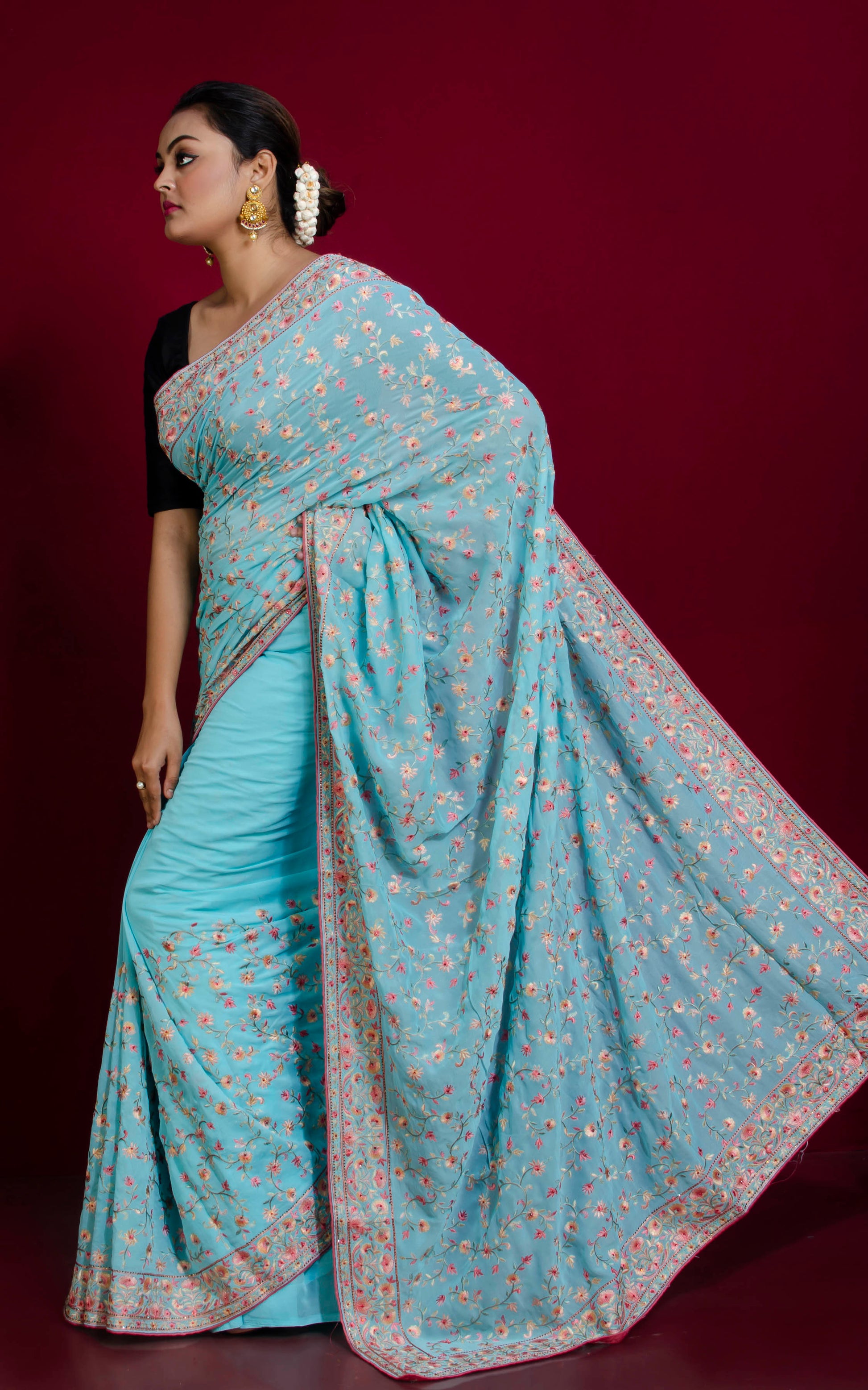 Fine Tilfi Needle Kashmiri Embroidery Work Designer Saree in Baby Blue and Multicolored Thread Work