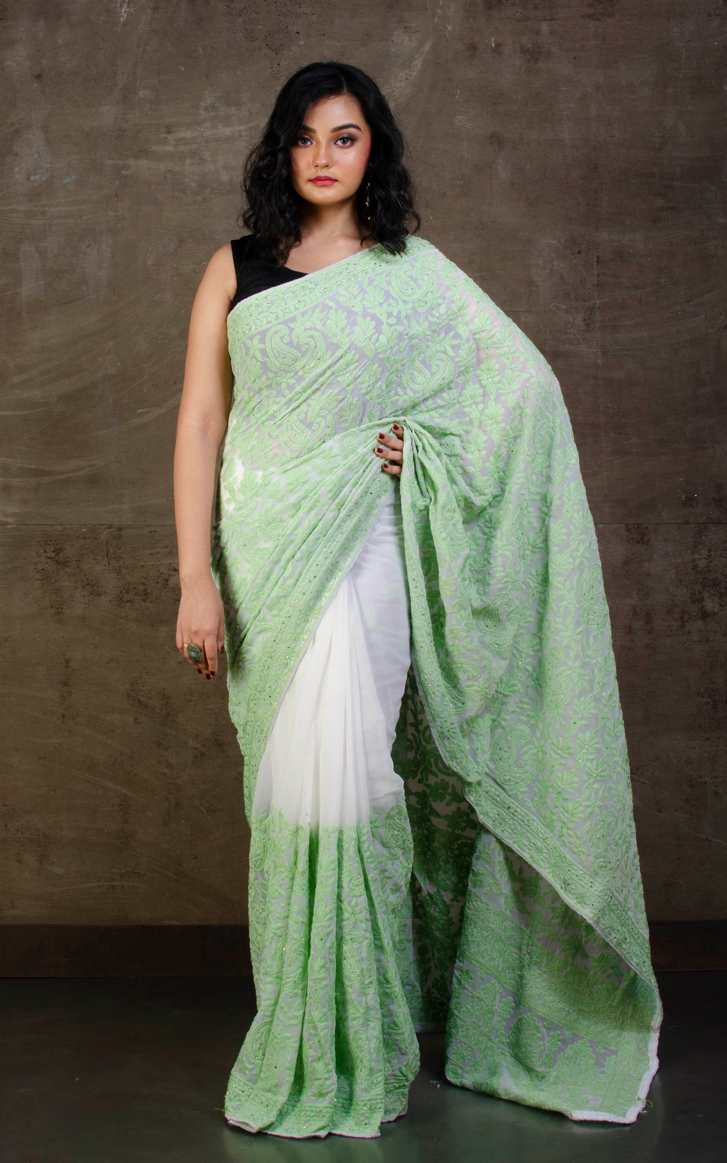 Kashmiri Embroidery Work Designer Saree in White and Mint Green Work