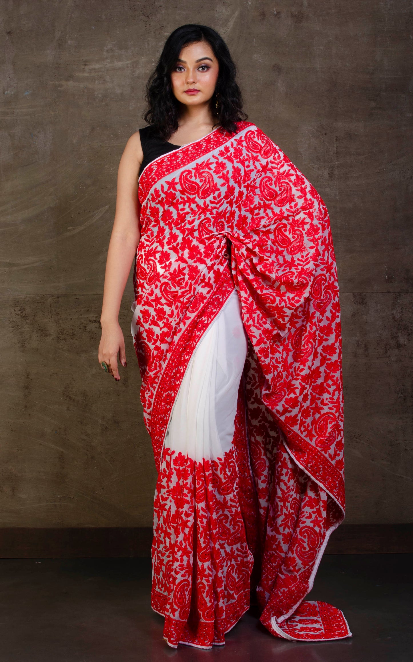 Kashmiri Embroidery Work Designer Saree in White and Red Thread Work