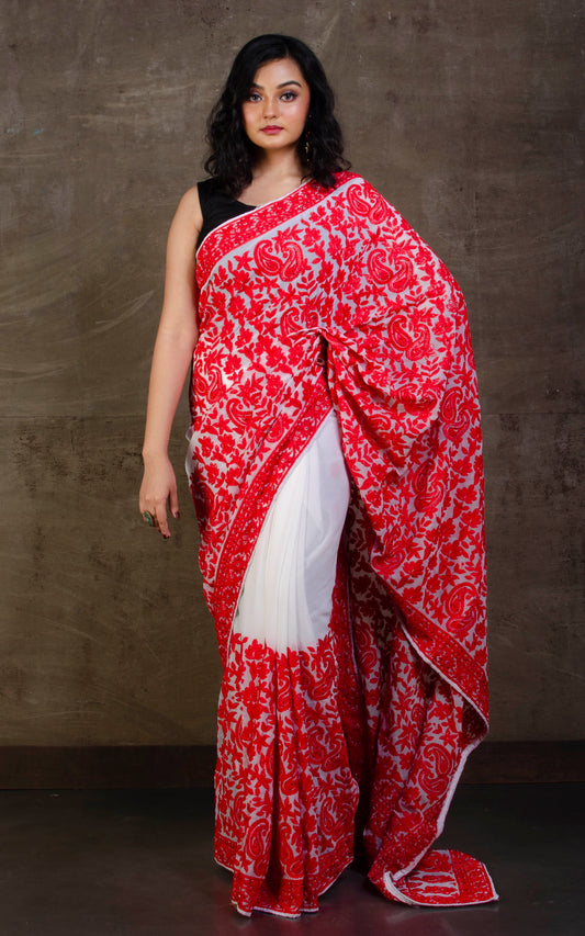 Kashmiri Embroidery Work Designer Saree in White and Red Thread Work