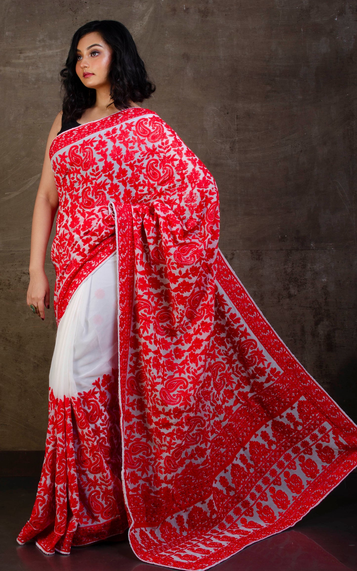 Kashmiri Embroidery Work Designer Saree in White and Red Thread Work