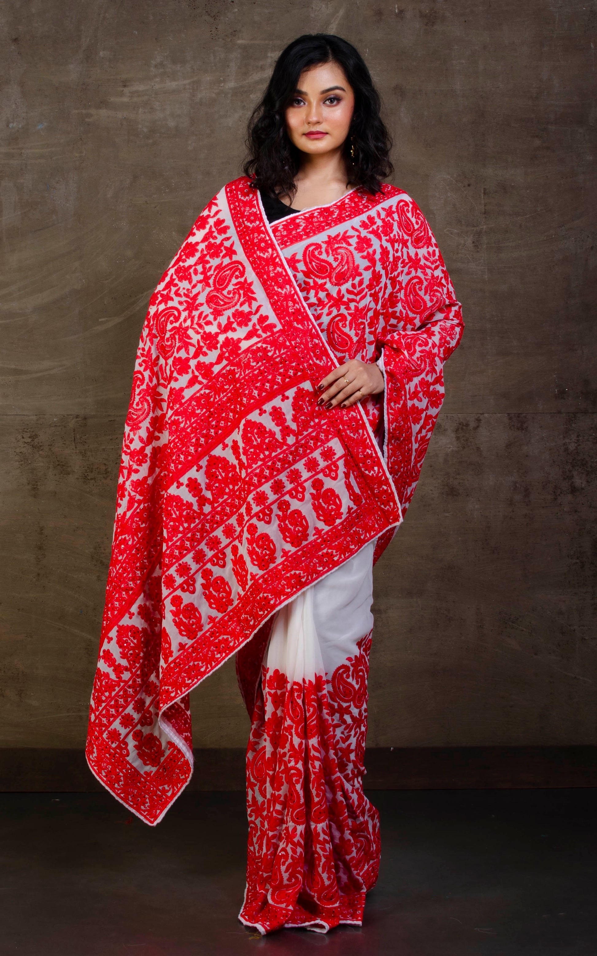 Kashmiri Embroidery Work Designer Saree in White and Red Thread Work