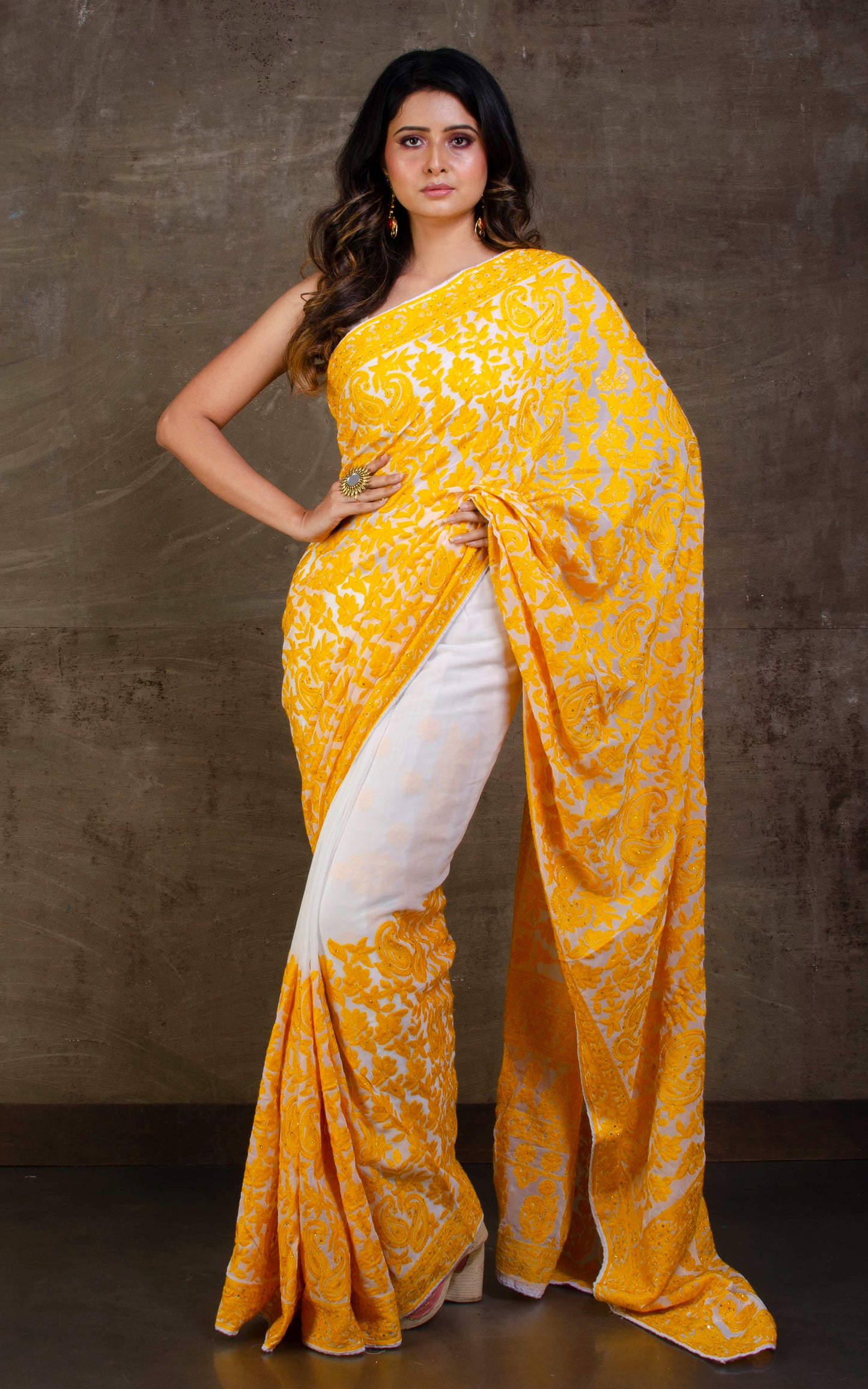 Kashmiri Embroidery Work Designer Saree in White and Bumblebee Yellow Thread Work