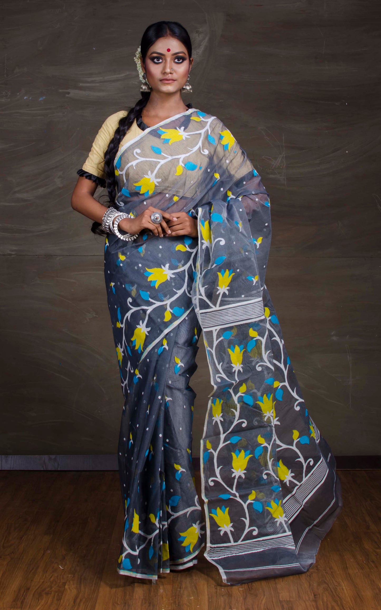 Woven Lotus Nakshi Motif Work Dhakai Jamdani Saree in Grey and Multicolored