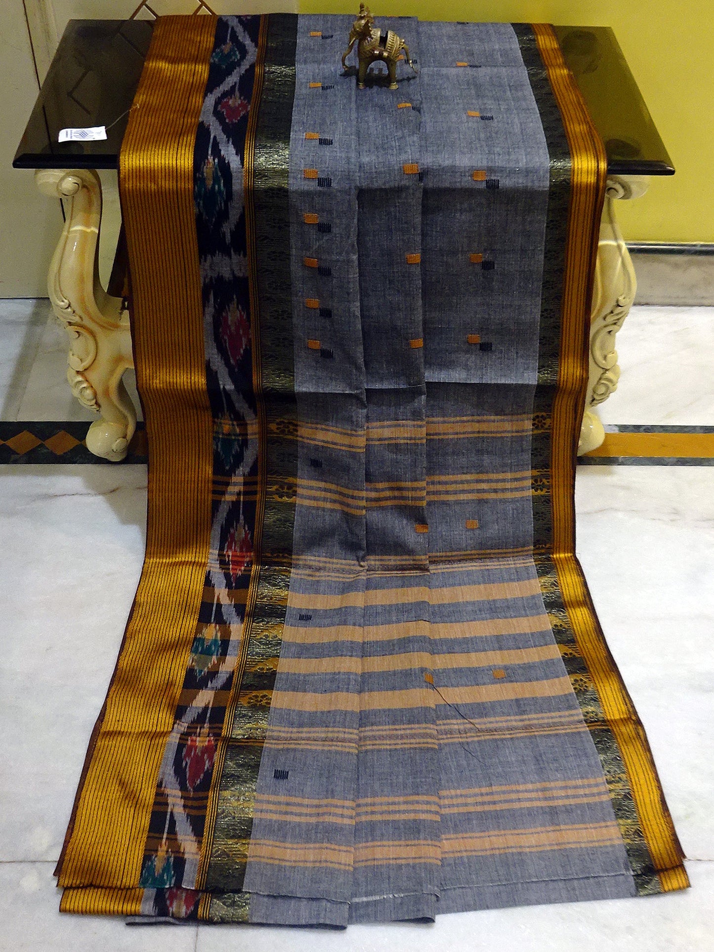 Bengal Handloom Begampuri Cotton Kotki Border Saree in Grey and Yellow