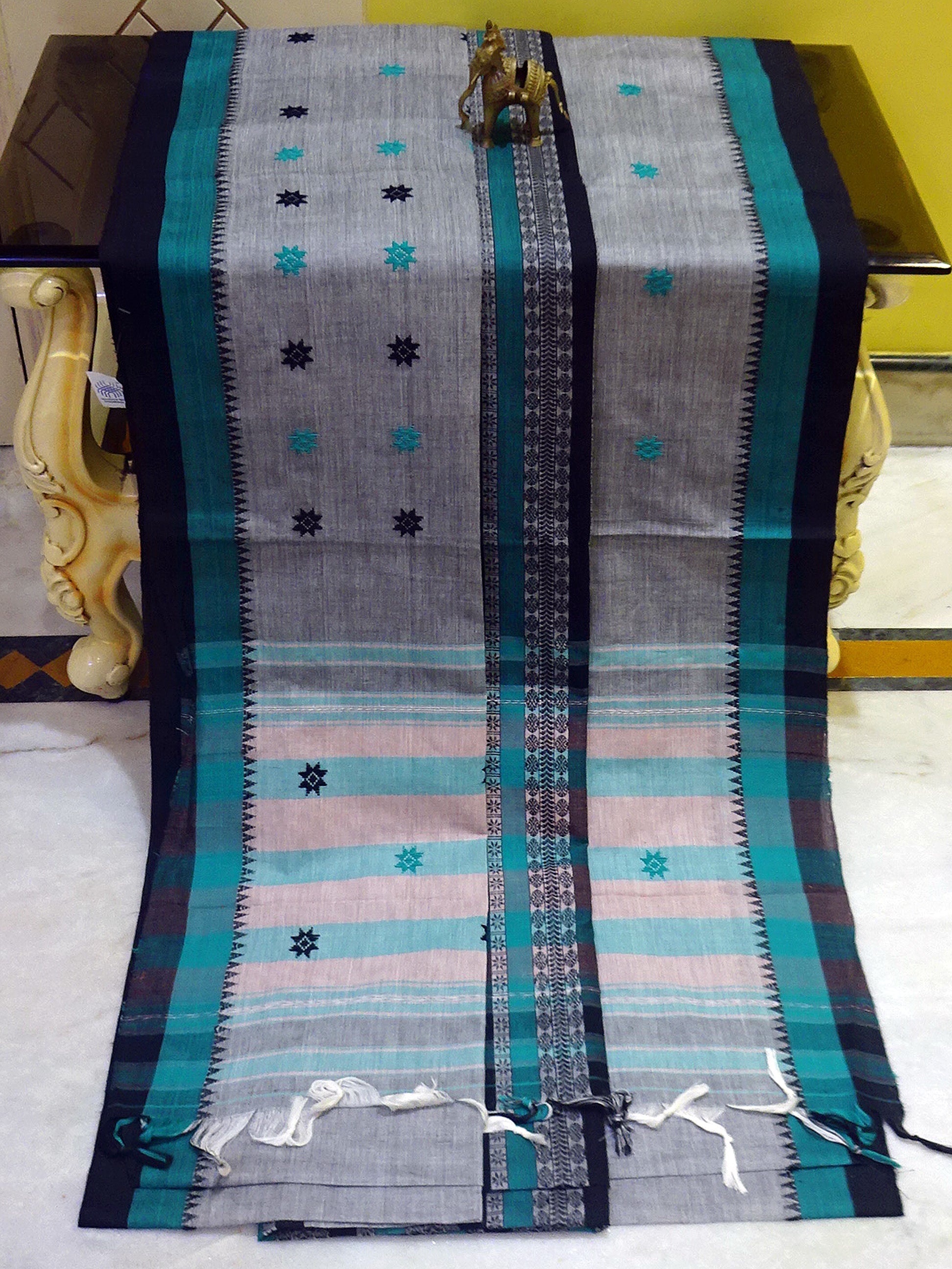 Bengal Handloom Begampuri Cotton Saree in Grey, Black and Teal