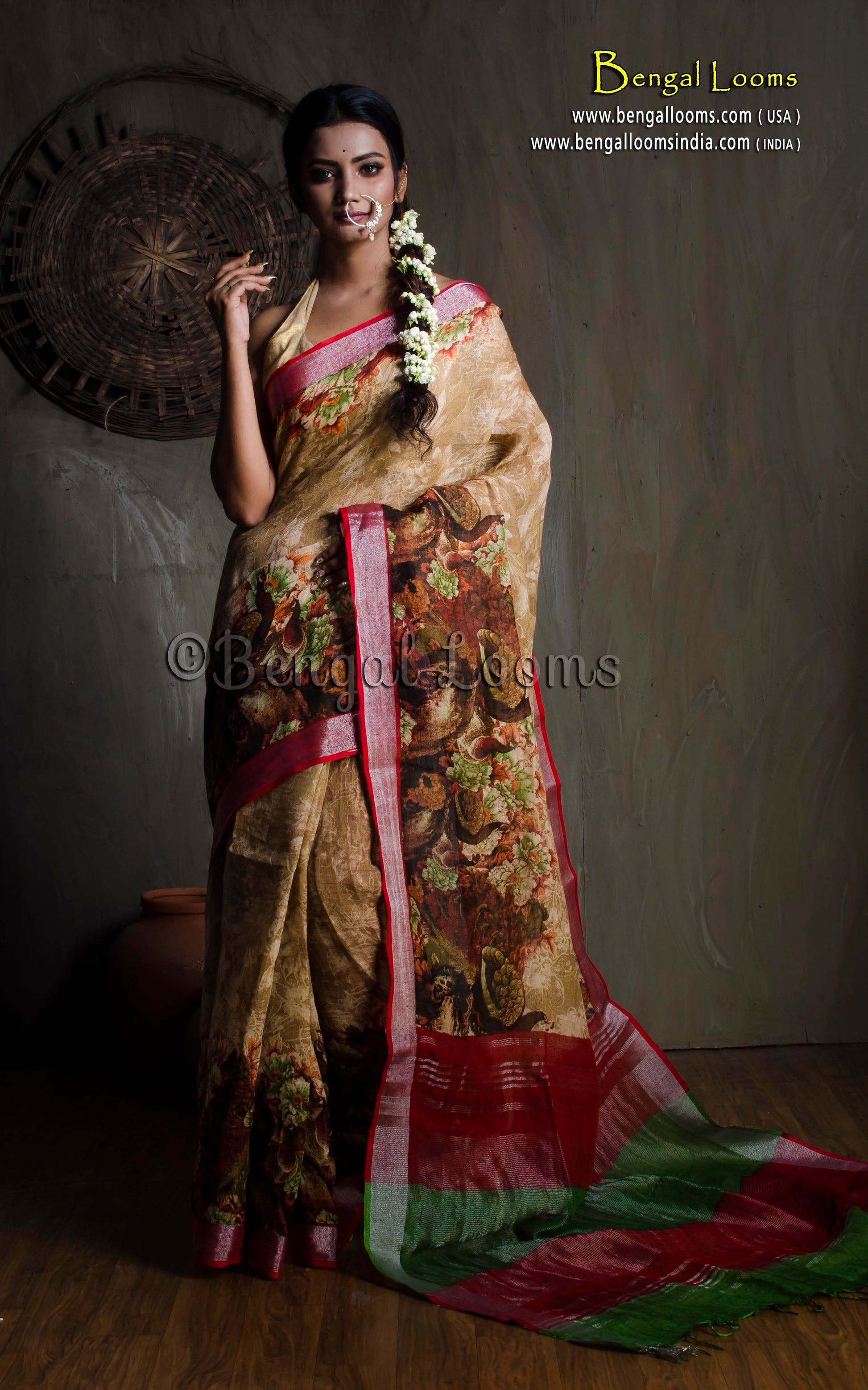 Pure Handloom Digital Printed Linen Saree in Beige and Maroon - Bengal Looms India