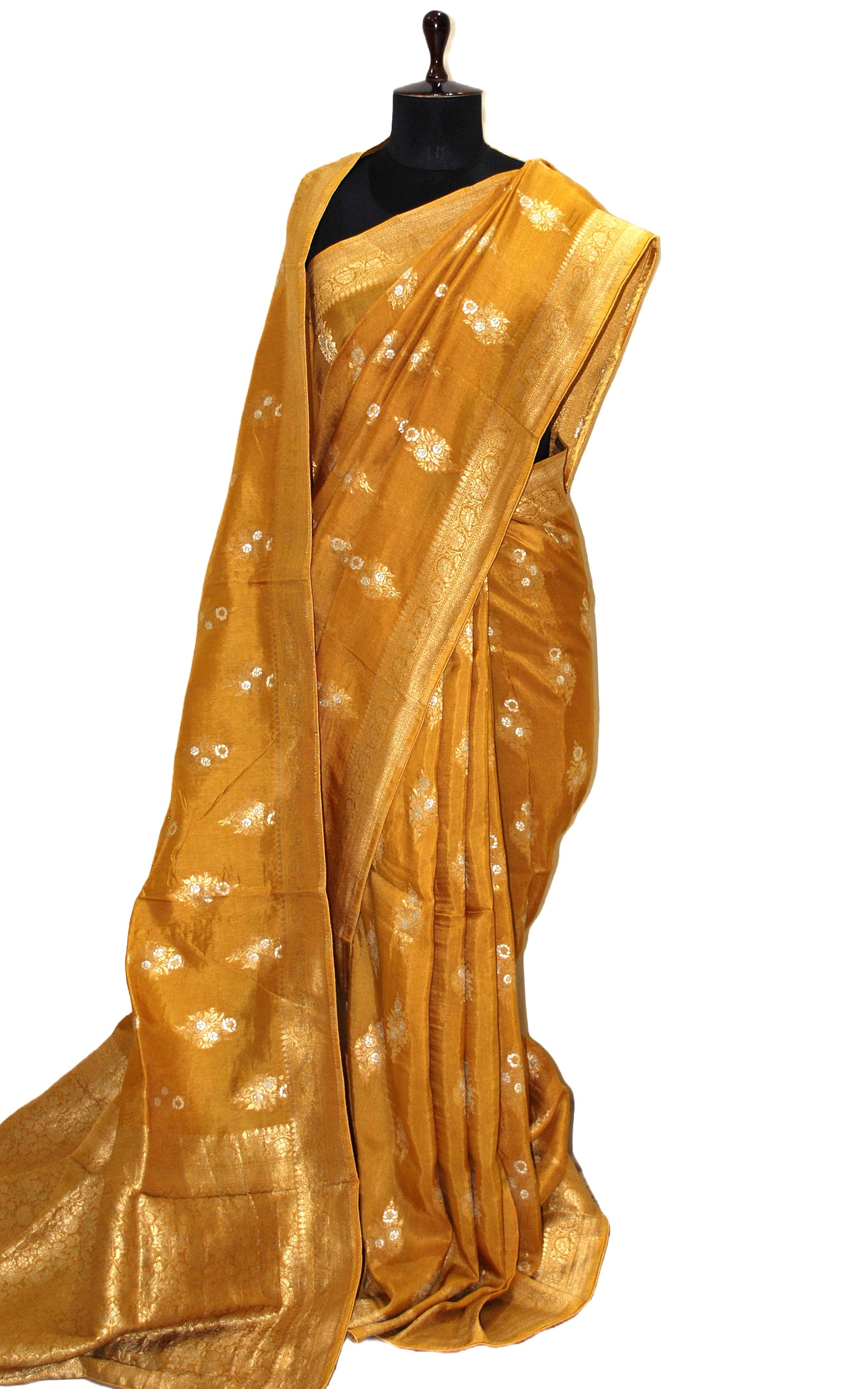 Handwoven Semi Moonga Tussar Silk Saree in Mustard Golden, Silver and Brush Gold