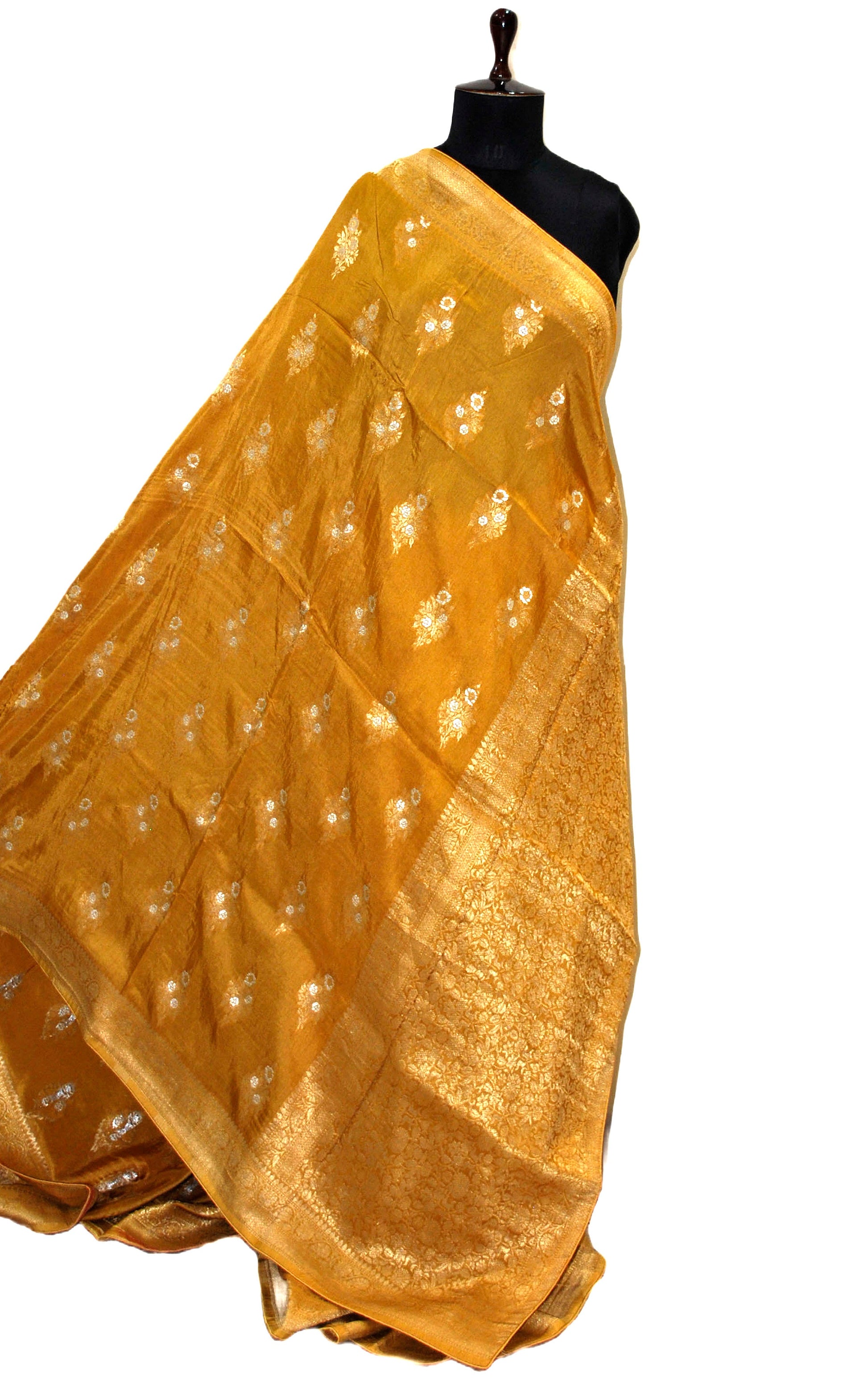 Handwoven Semi Moonga Tussar Silk Saree in Mustard Golden, Silver and Brush Gold