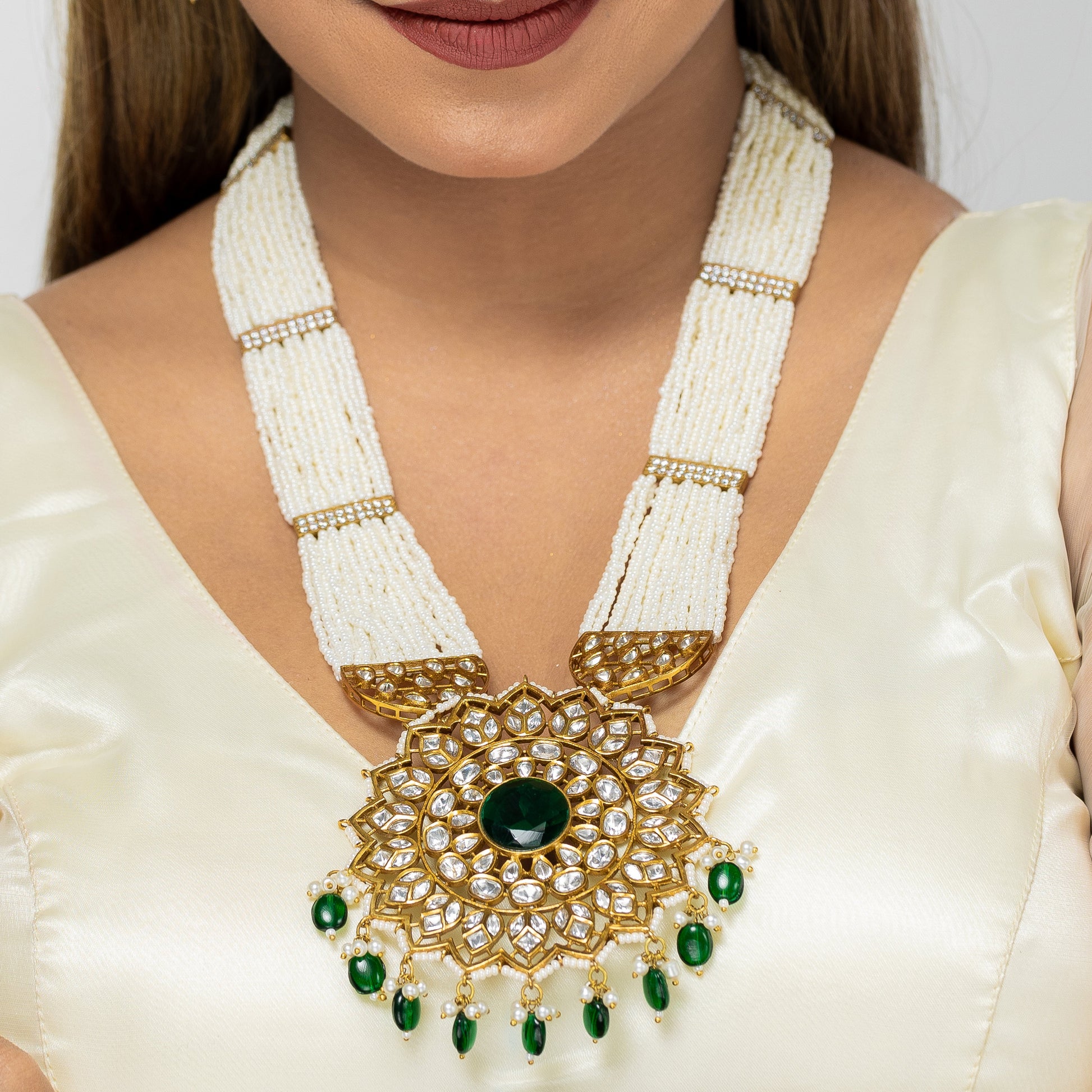 Zevar Club Radiant Brilliant Green Long pearl set. statement earrings Jewellery Set (18K Gold Plated)