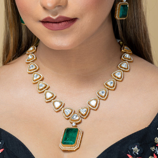 Zevar Club Exquisite Delicate Green Kundan diamond statement stone Jewellery Set (18K Gold Plated)