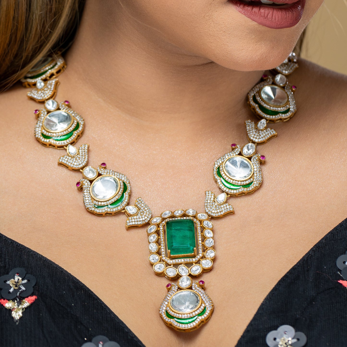 Zevar Club Opulent Luxuriant Green Kundan Victorian diamond Jewellery Set (18K Gold Plated)